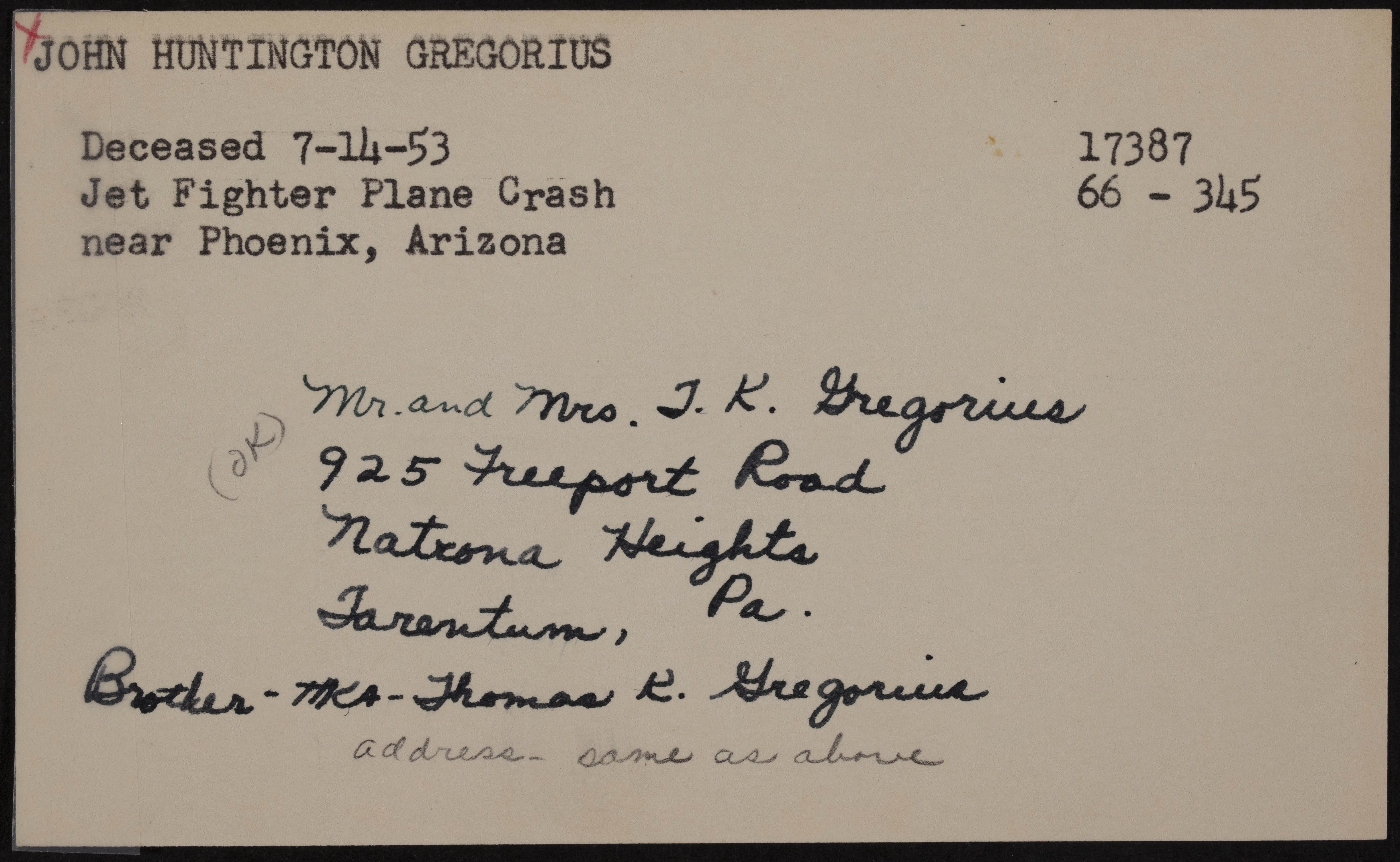 John Huntington Gregorius War Record Card