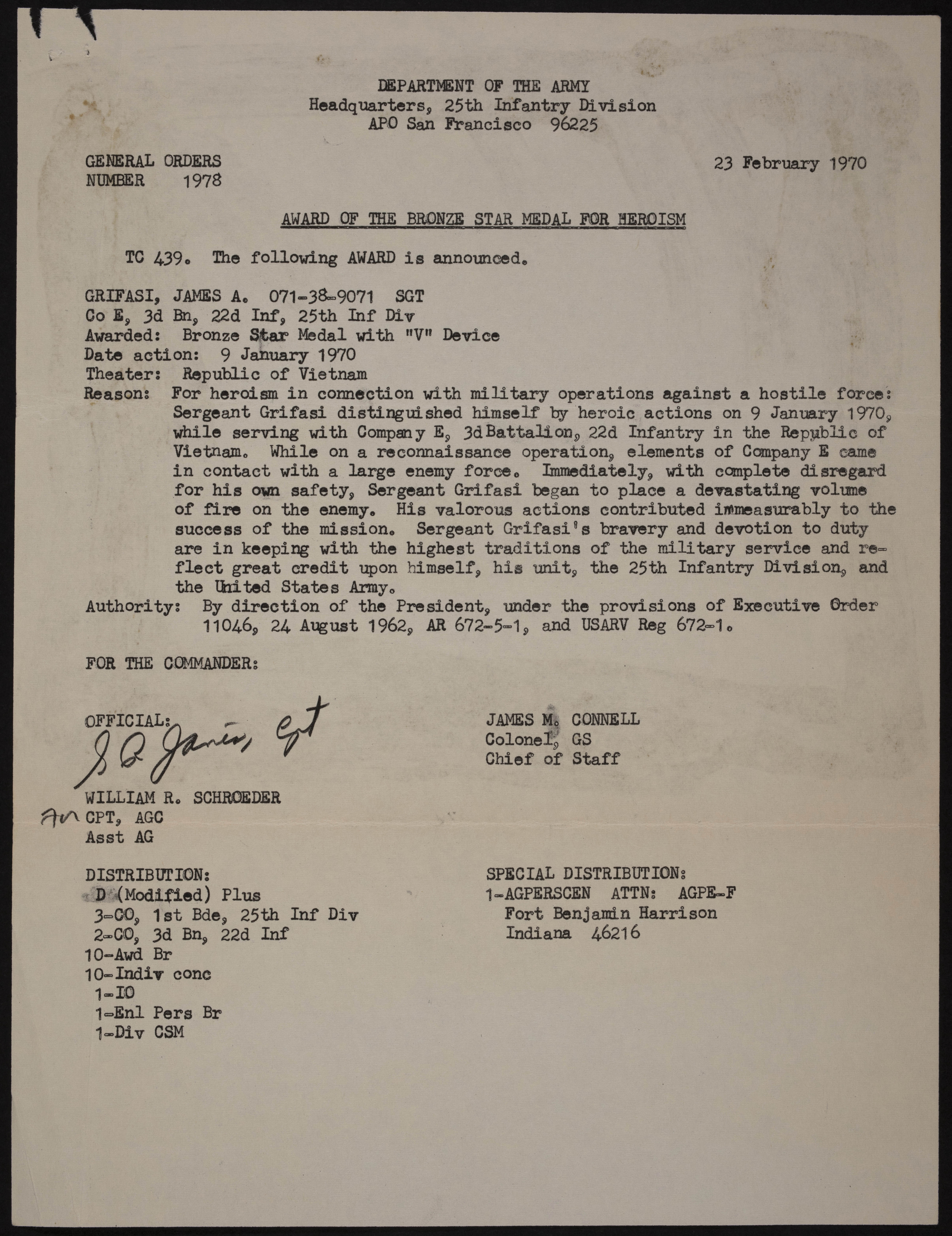 Award of Bronze Star to James Anthony Grifasi Document, February 23, 1970