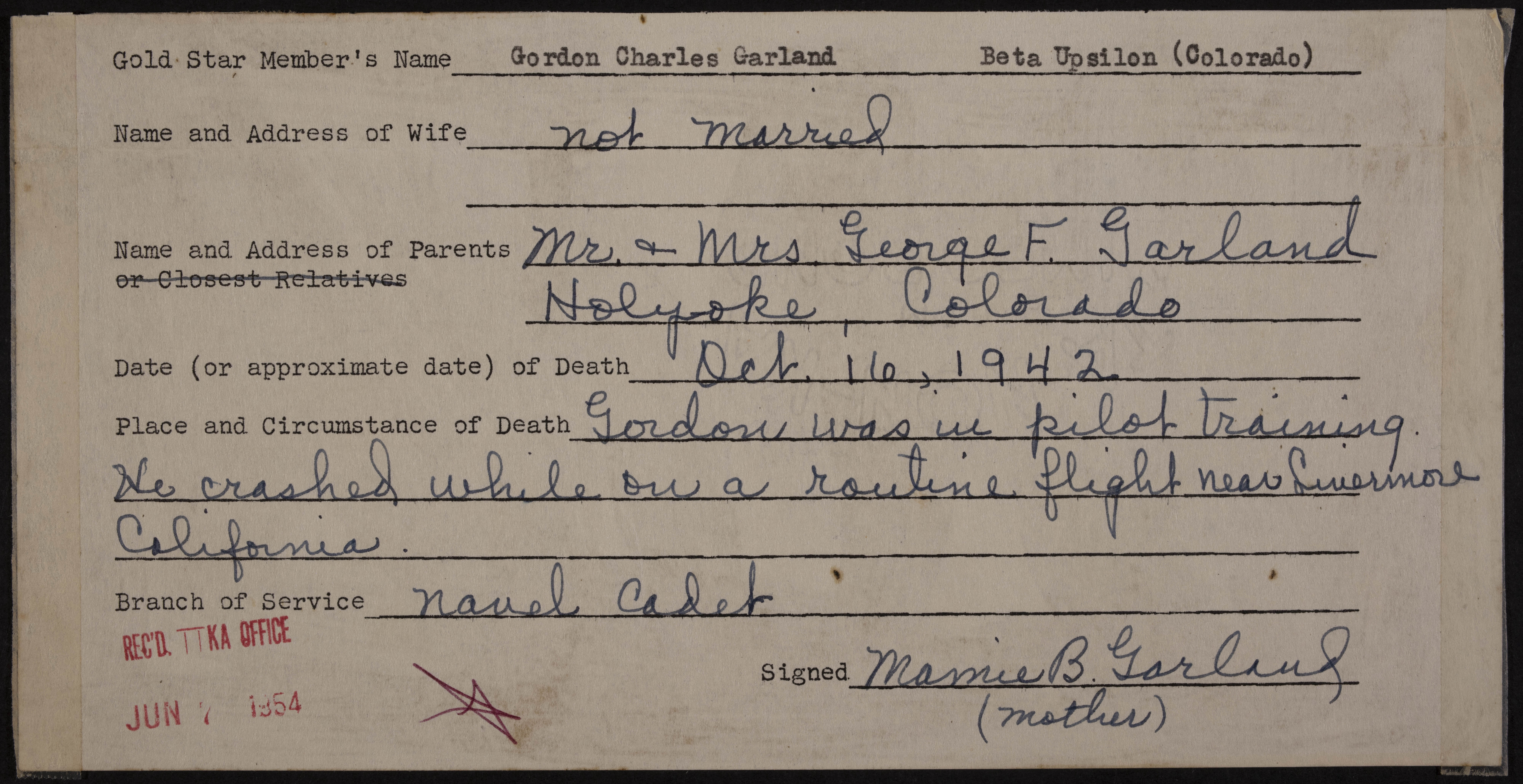Gordon Charles Garland War Record Form, June 7, 1954