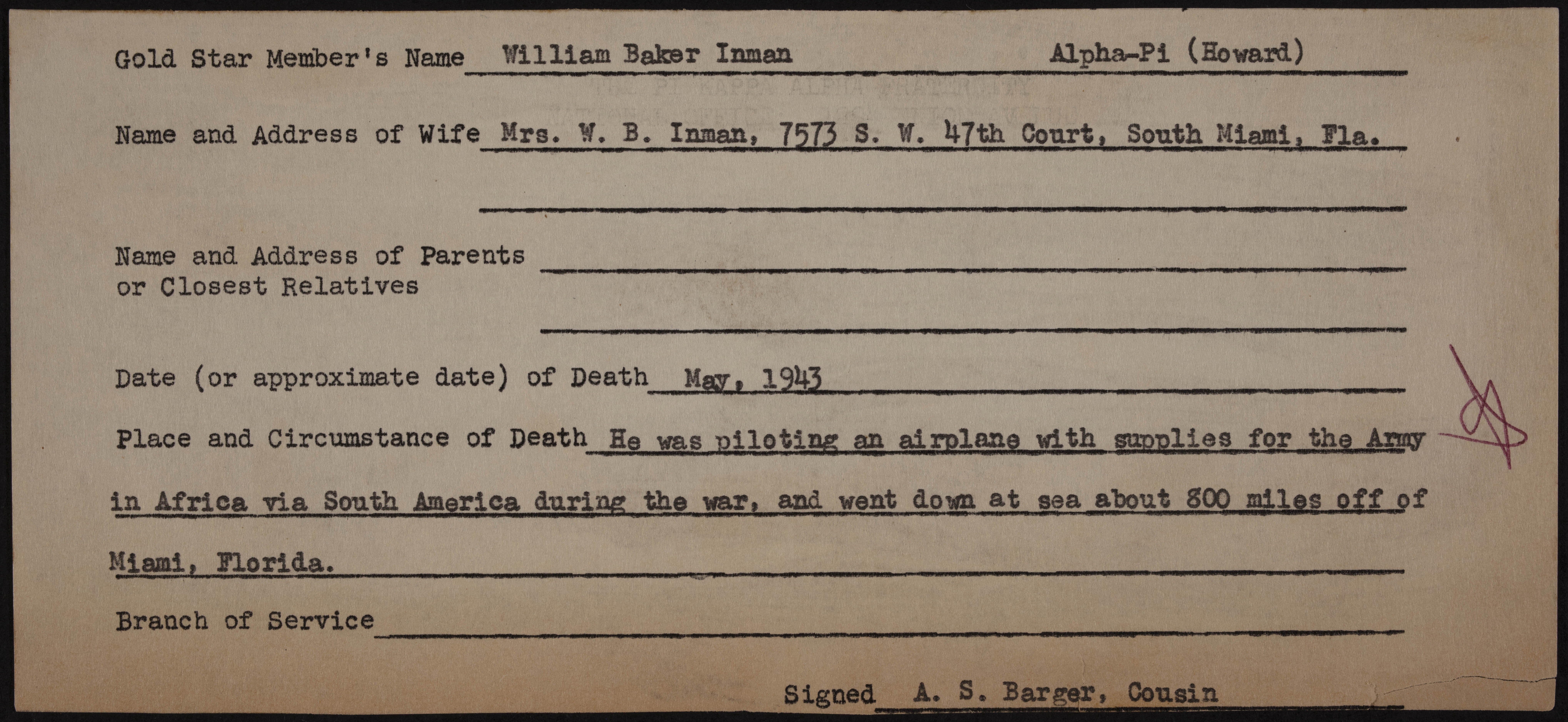 William Baker Inman Jr. War Record Form