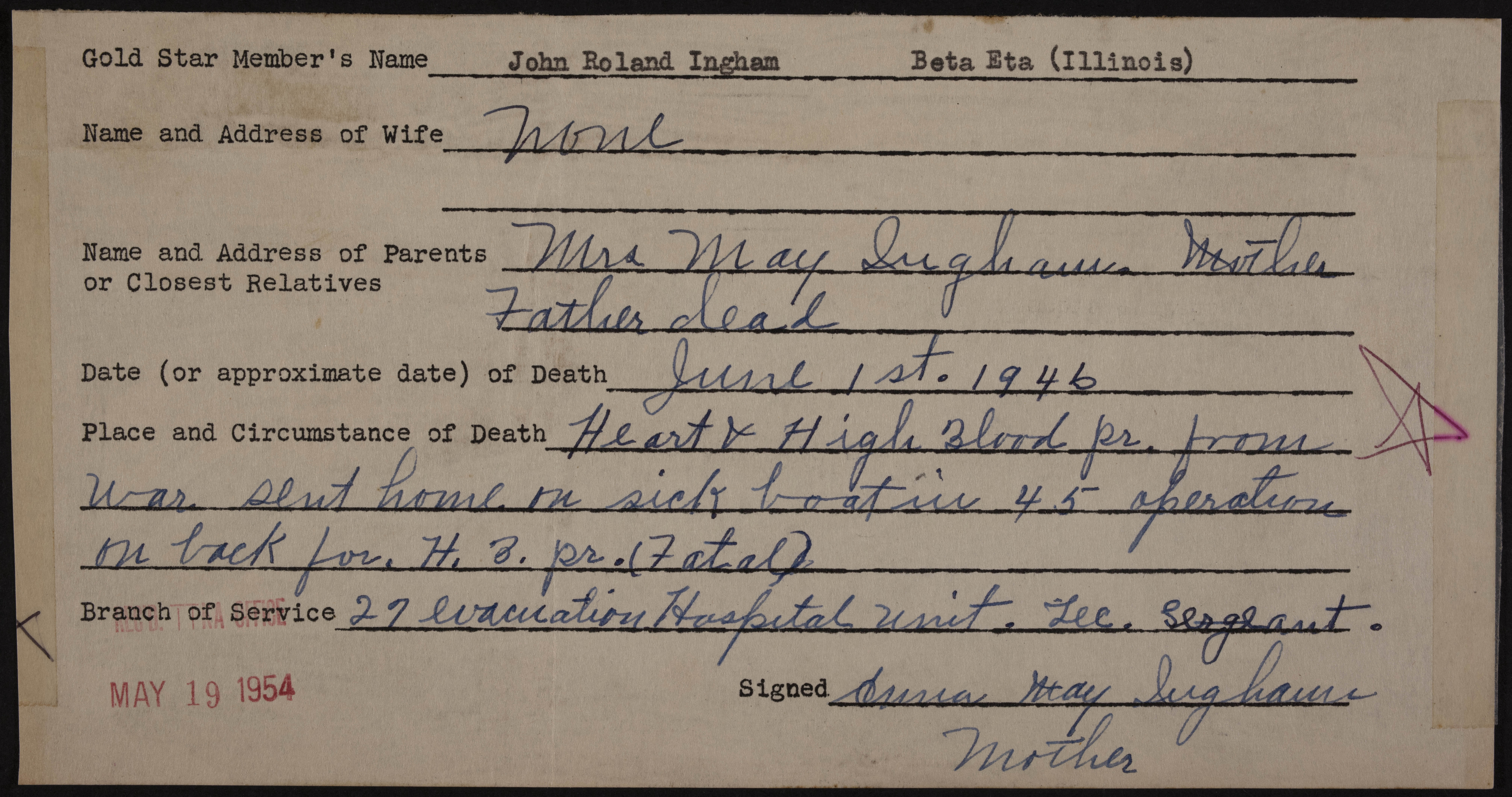 John Roland Ingham War Record Form, May 19, 1954