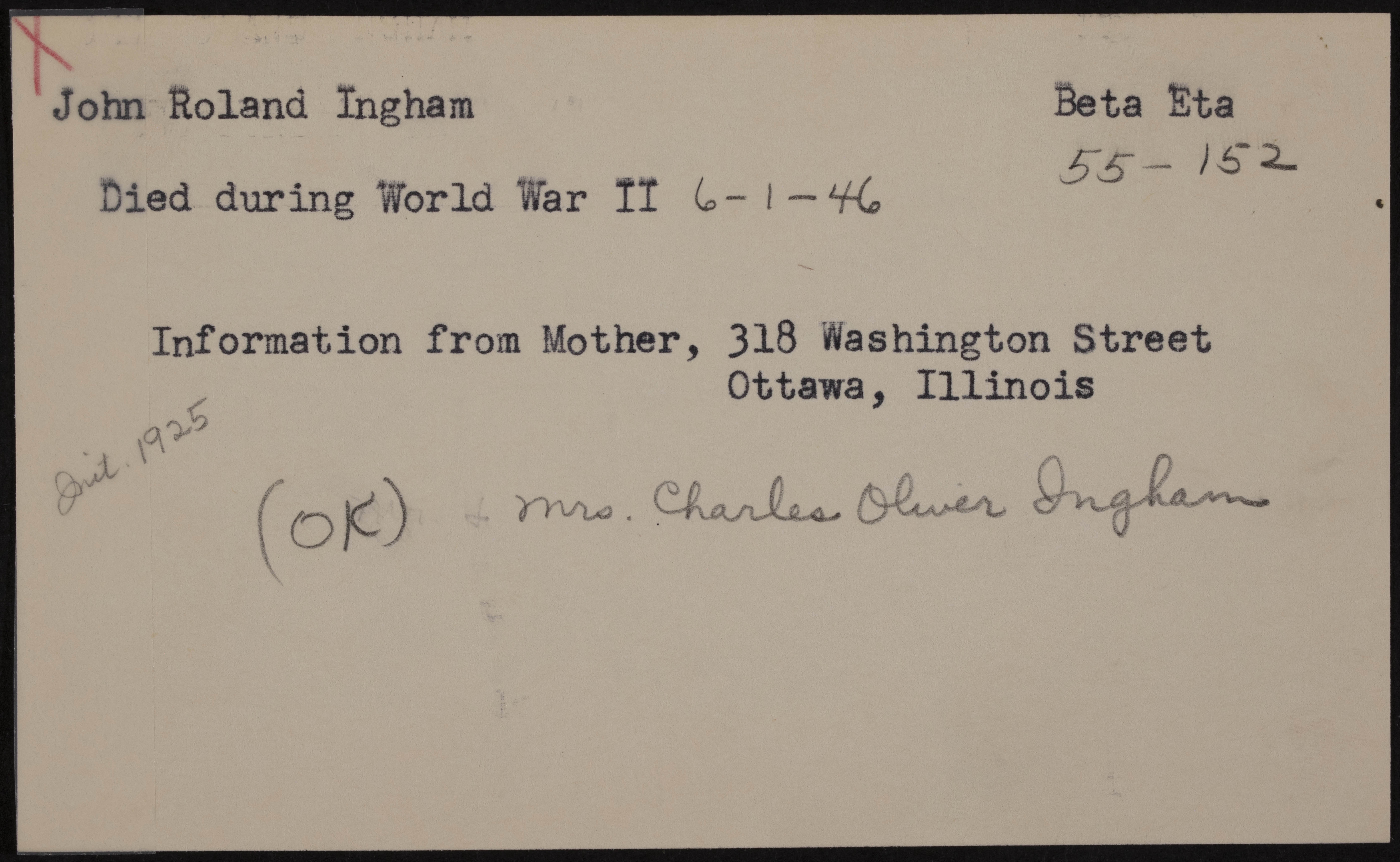 John Roland Ingham War Record Card