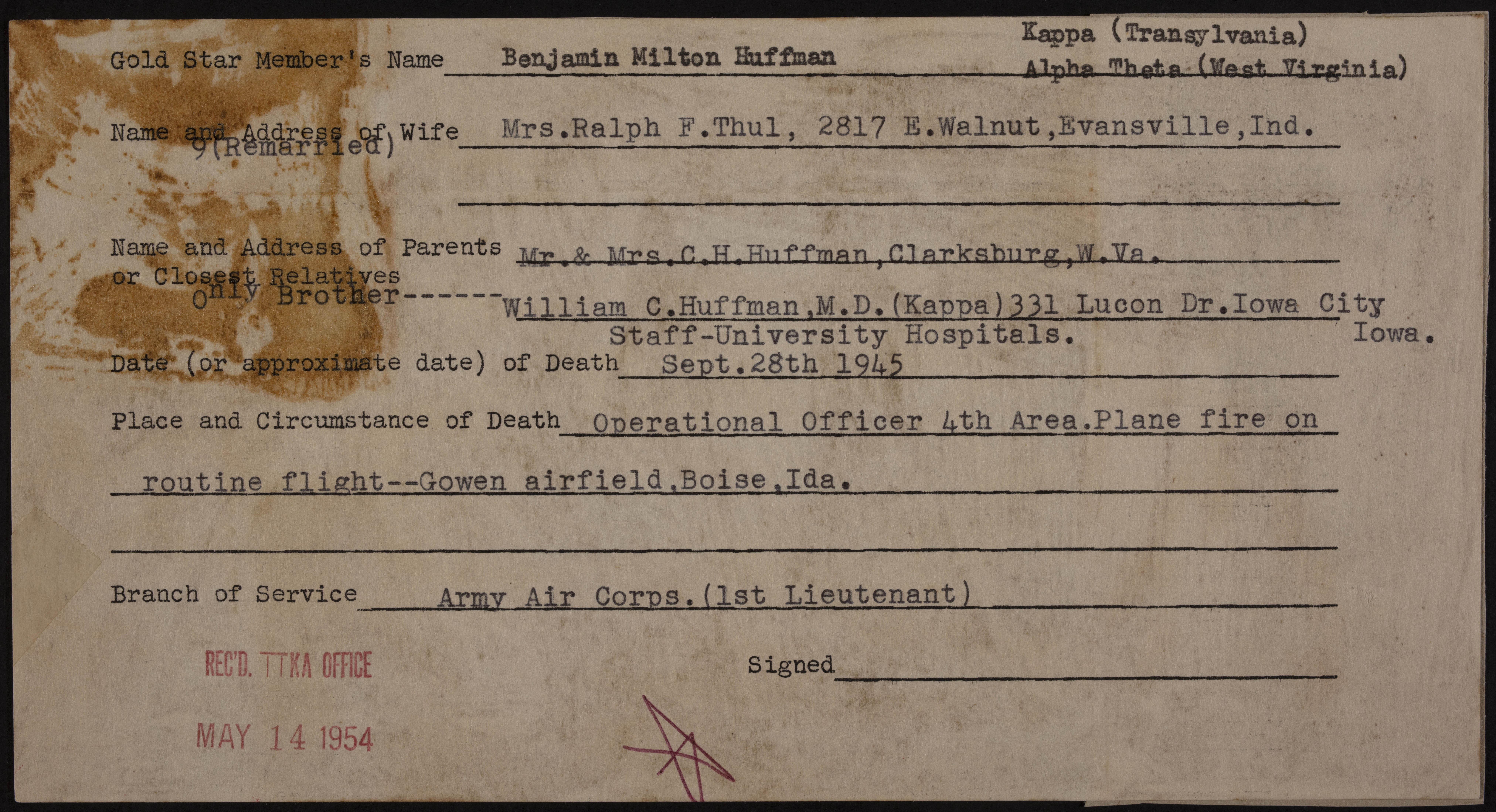 Benjamin Milton Huffman War Record Form, May 14, 1954