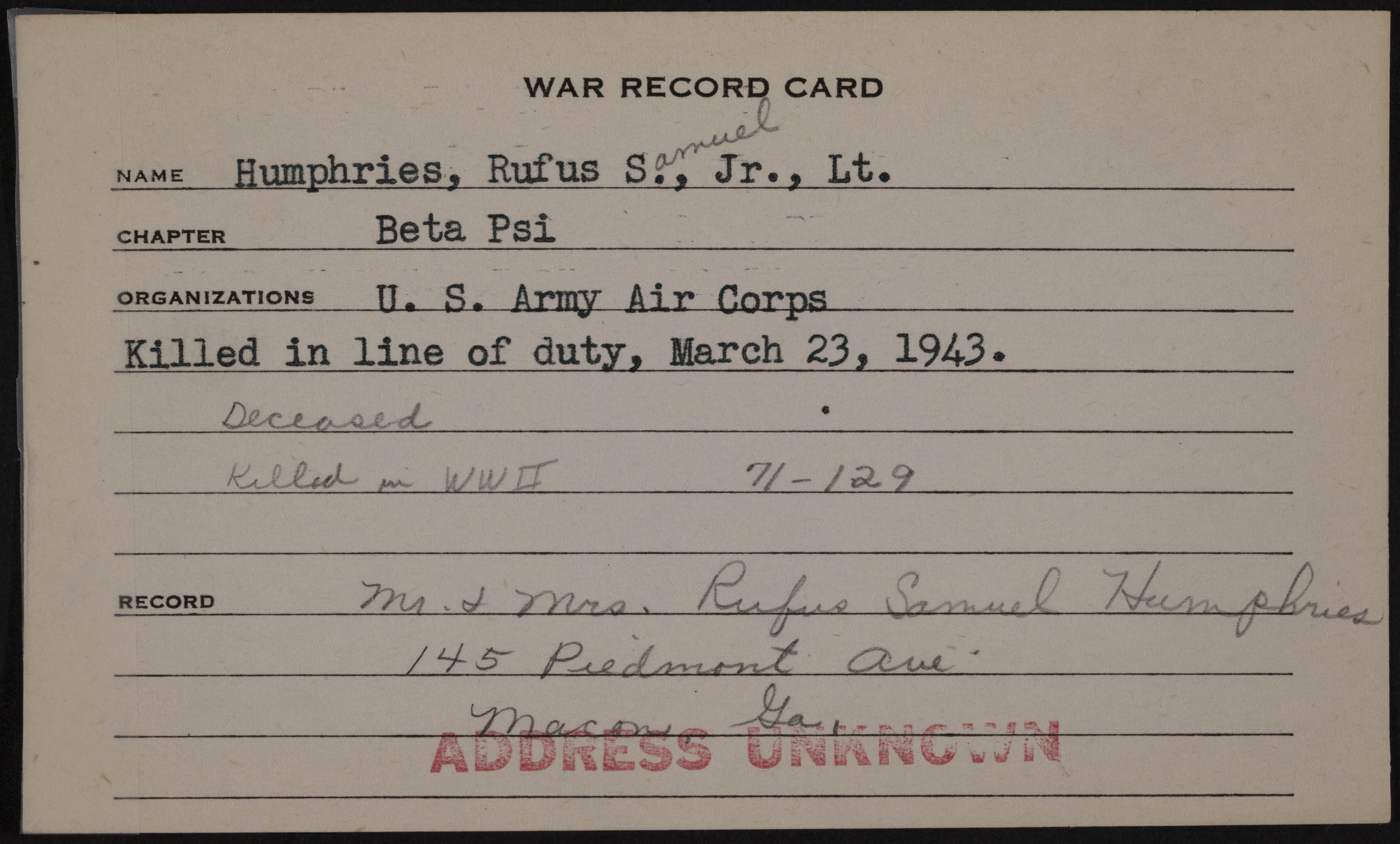Rufus Samuel Humphries Jr. War Record Card