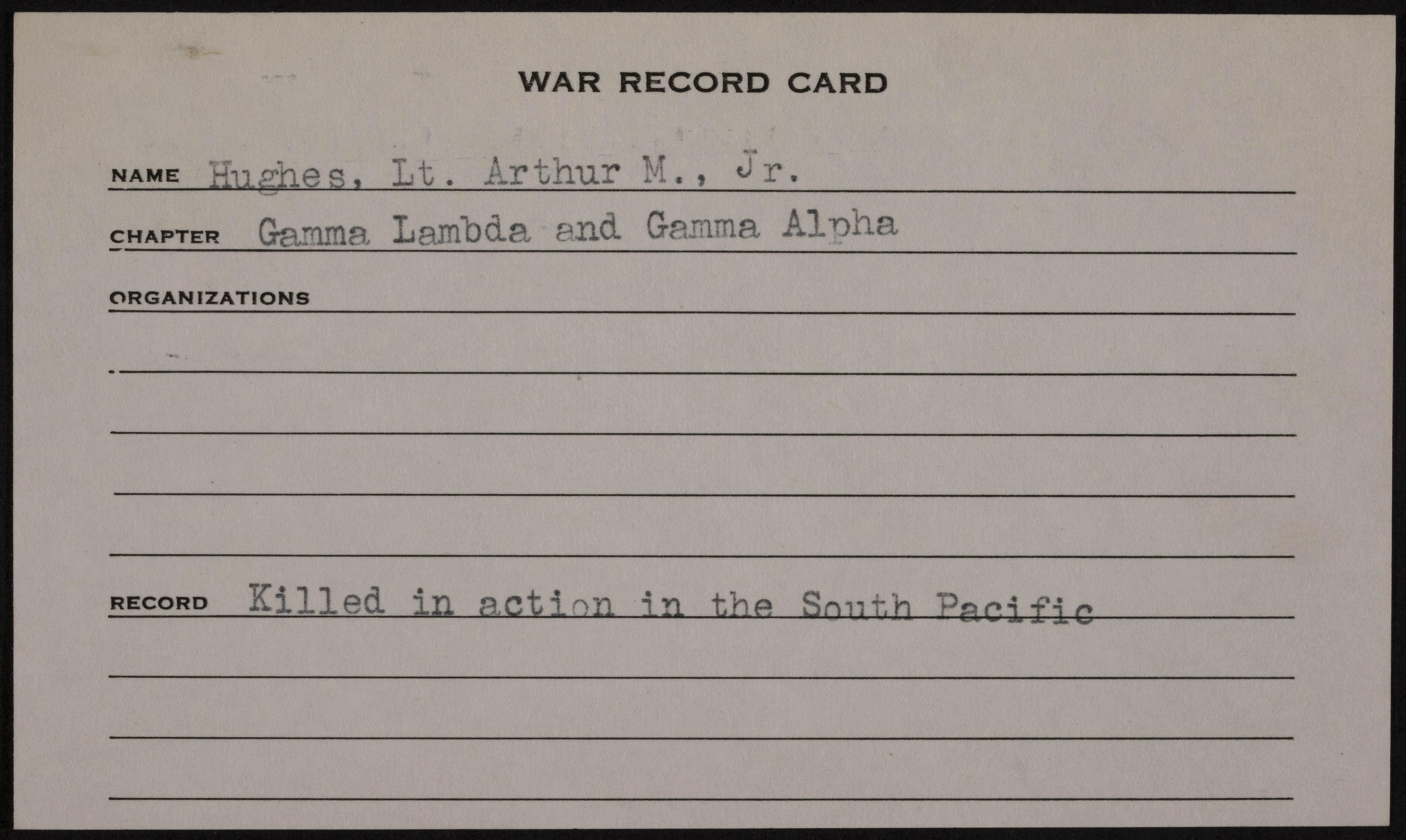 Arthur Morris Hughes Jr. War Record Card