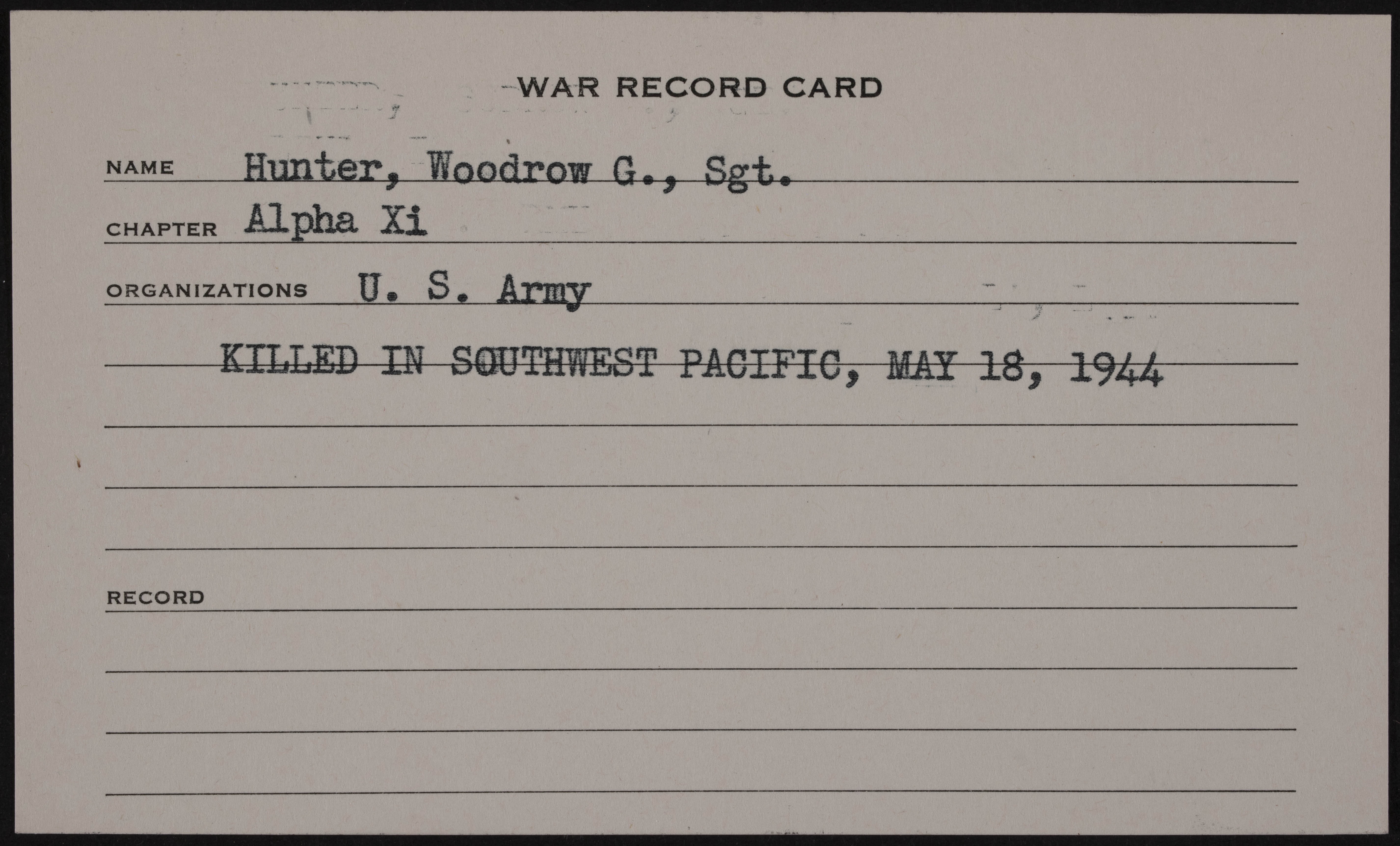 Woodrow G. Hunter War Record Card