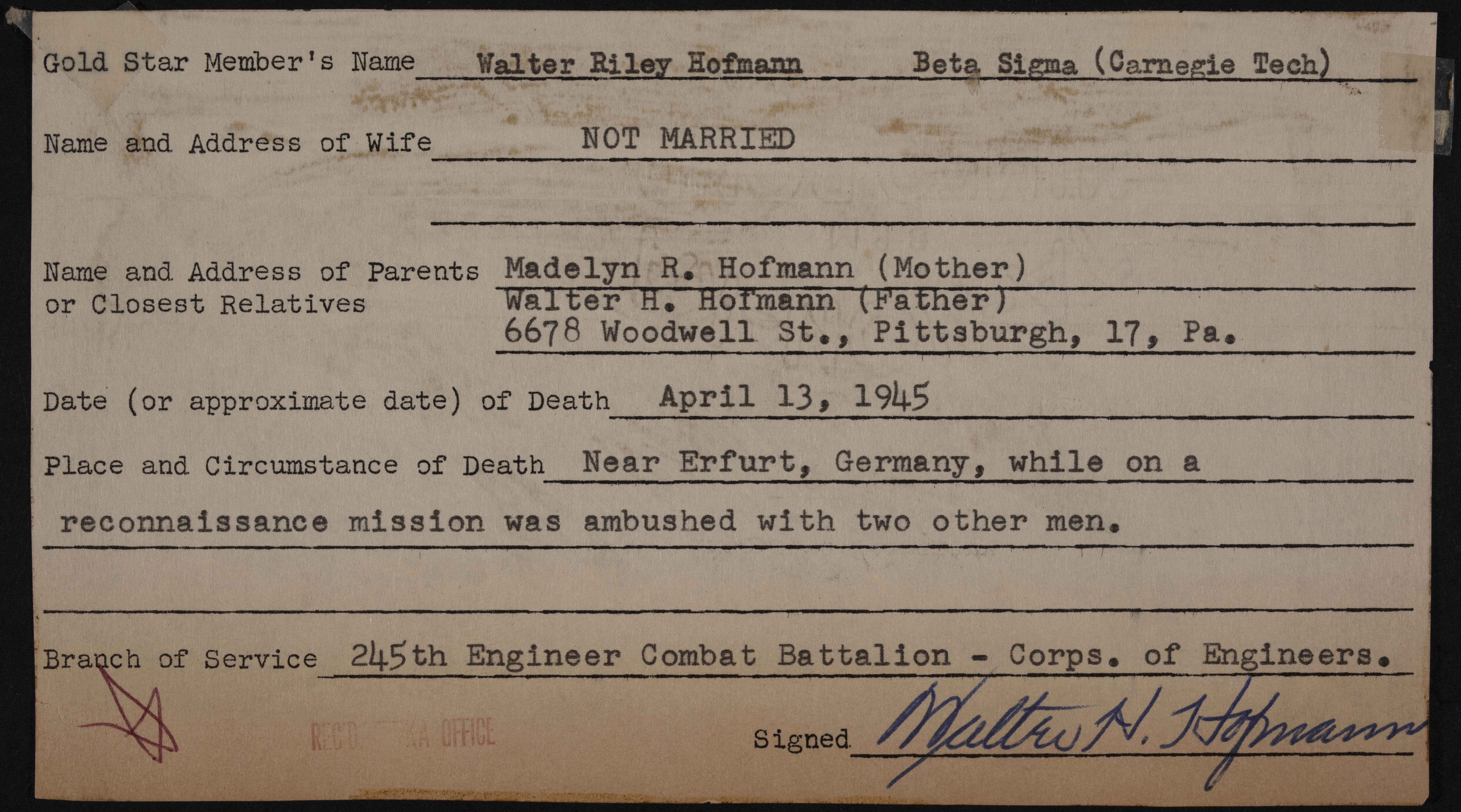 Walter Riley Hofmann War Record Form