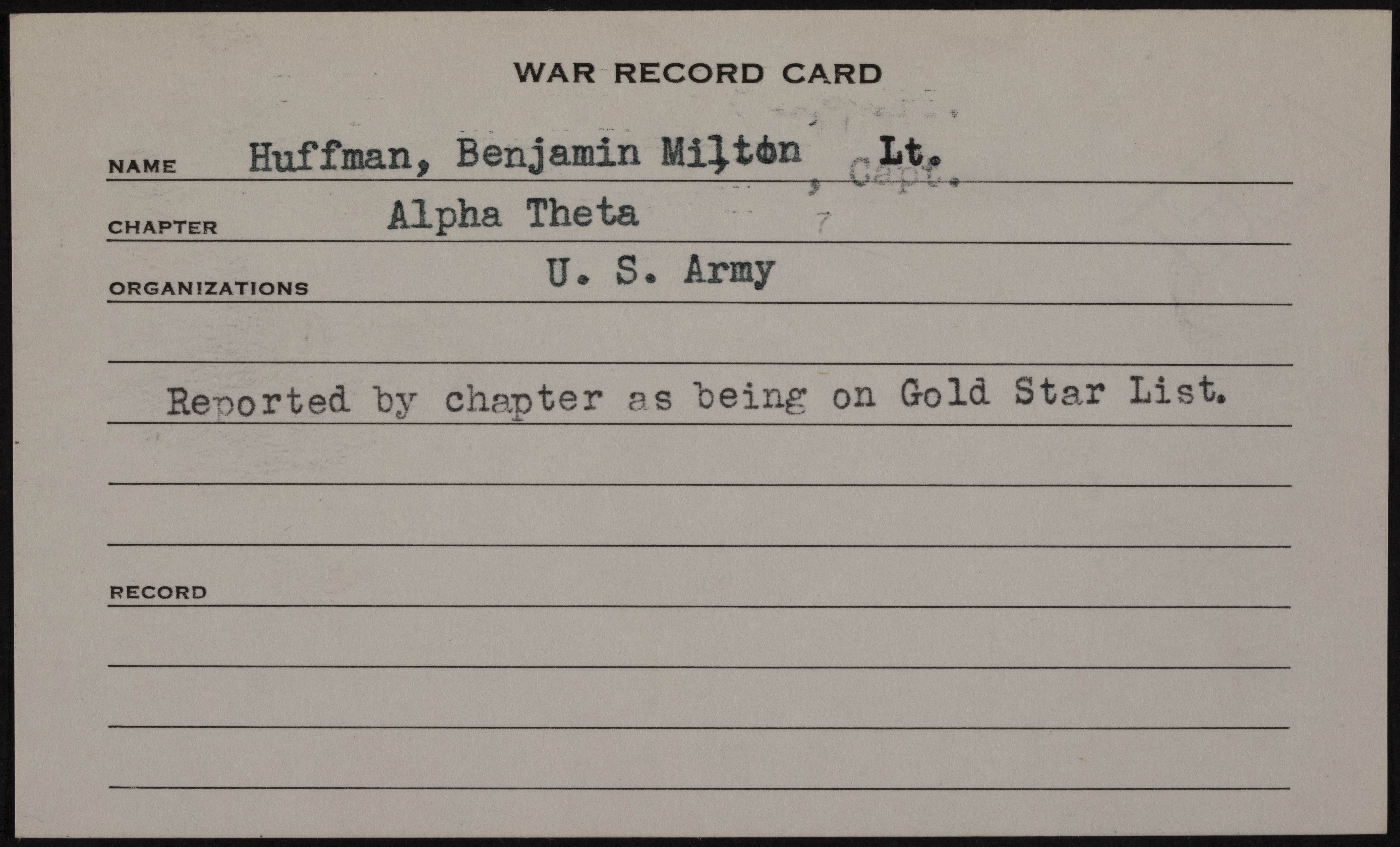 Benjamin Milton Huffman War Record Card