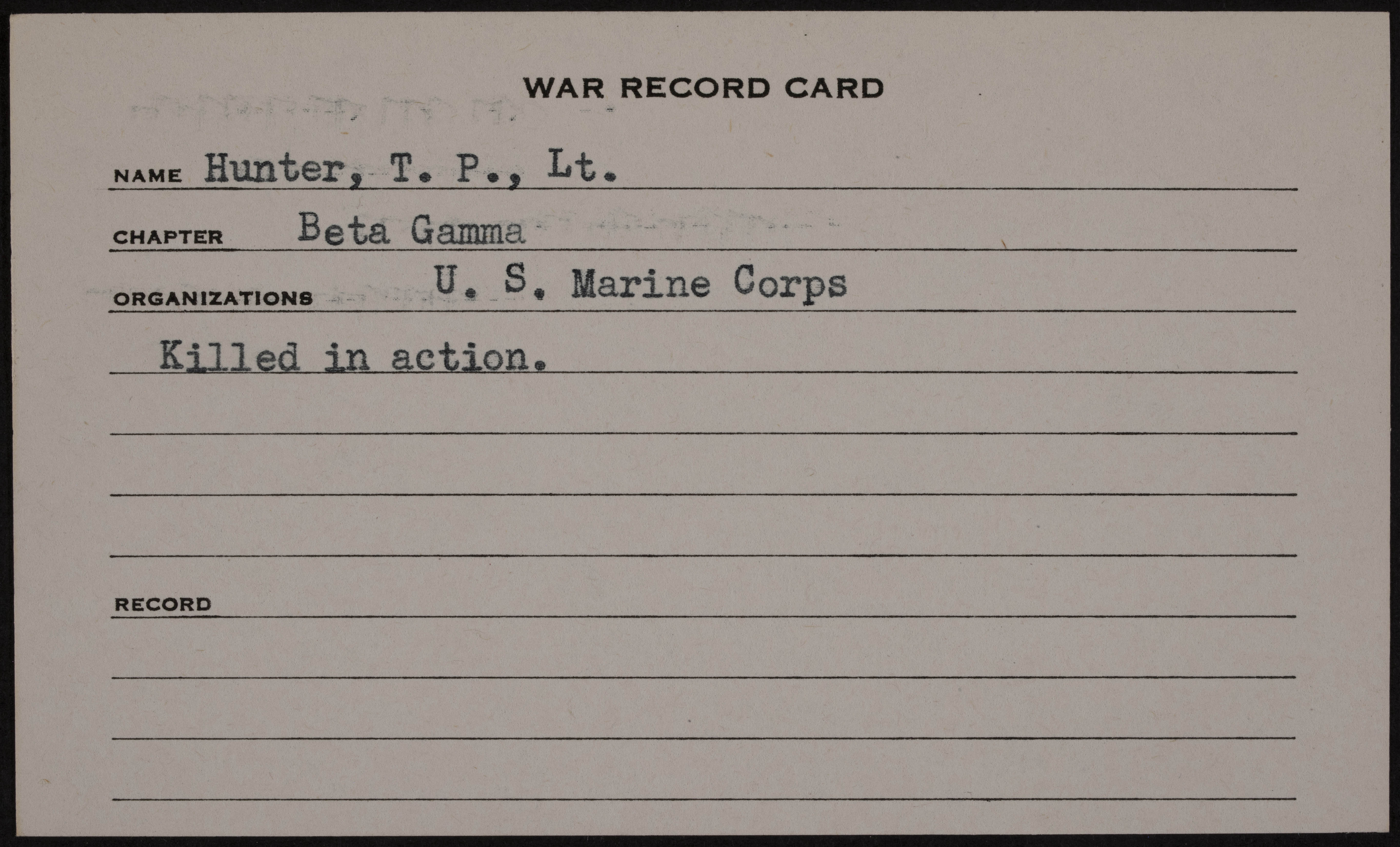 Thomas Pitt Hunter Jr. War Record Card