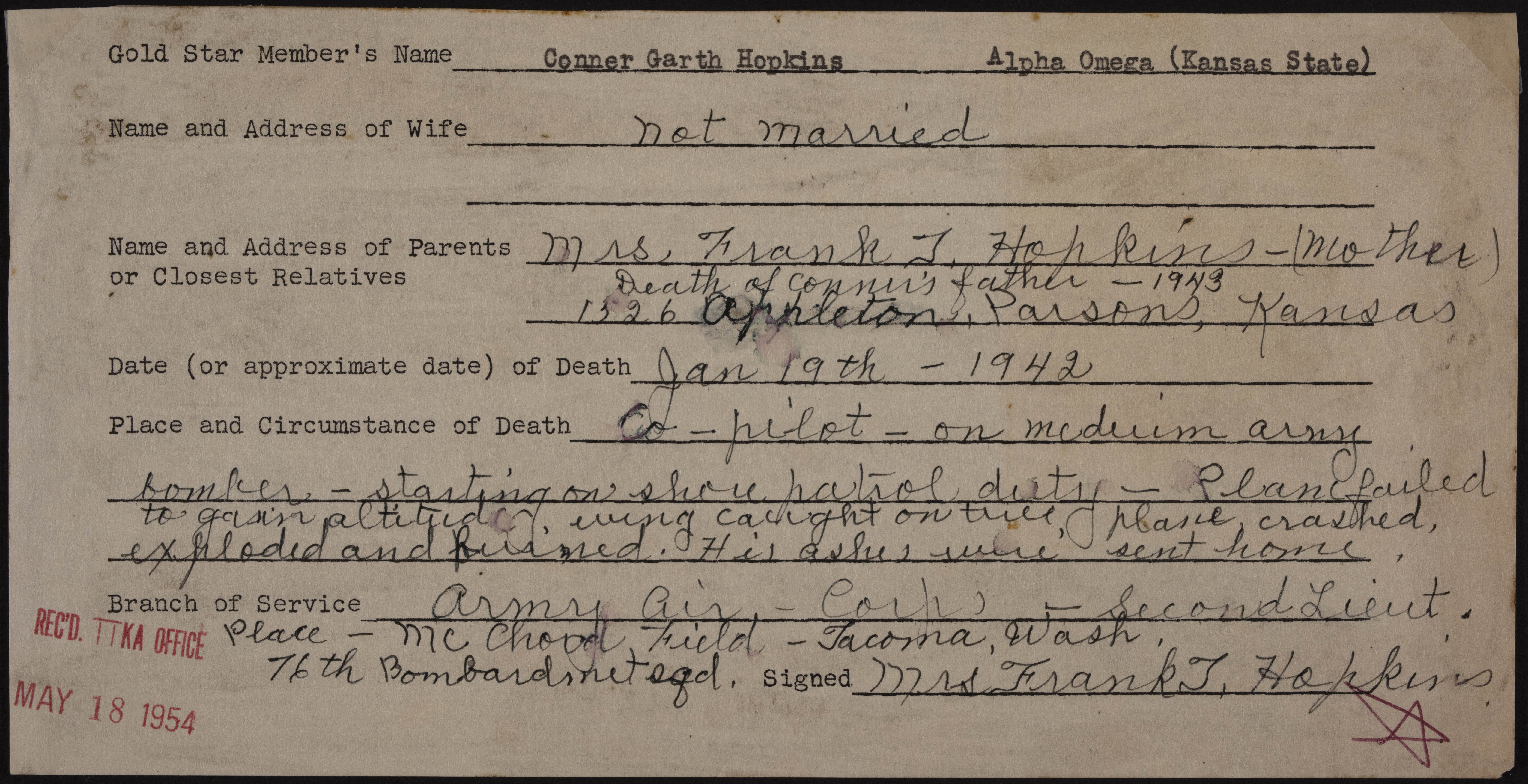 Conner Garth Hopkins War Record Form, May 18, 1954