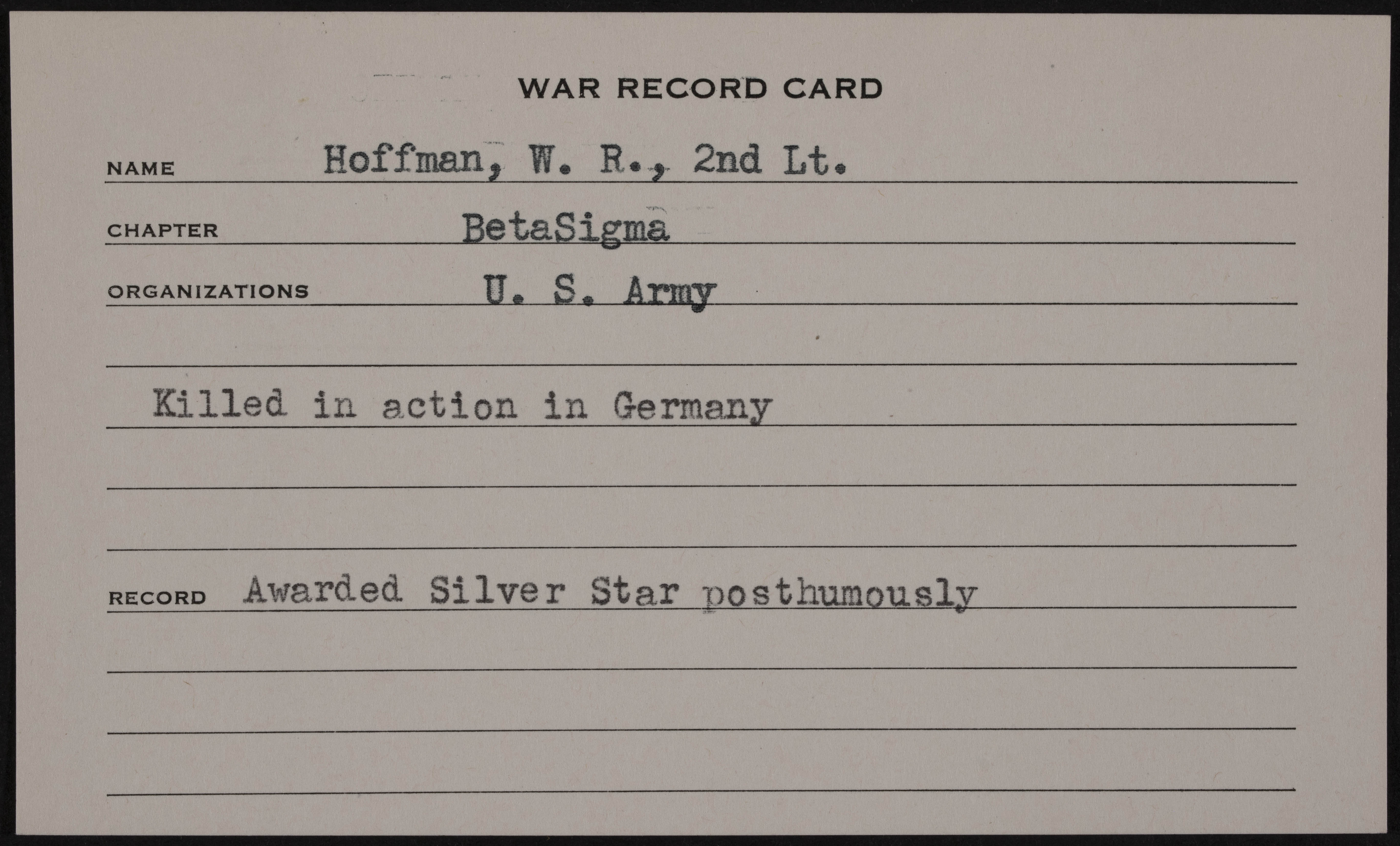 Walter Riley Hofmann War Record Card