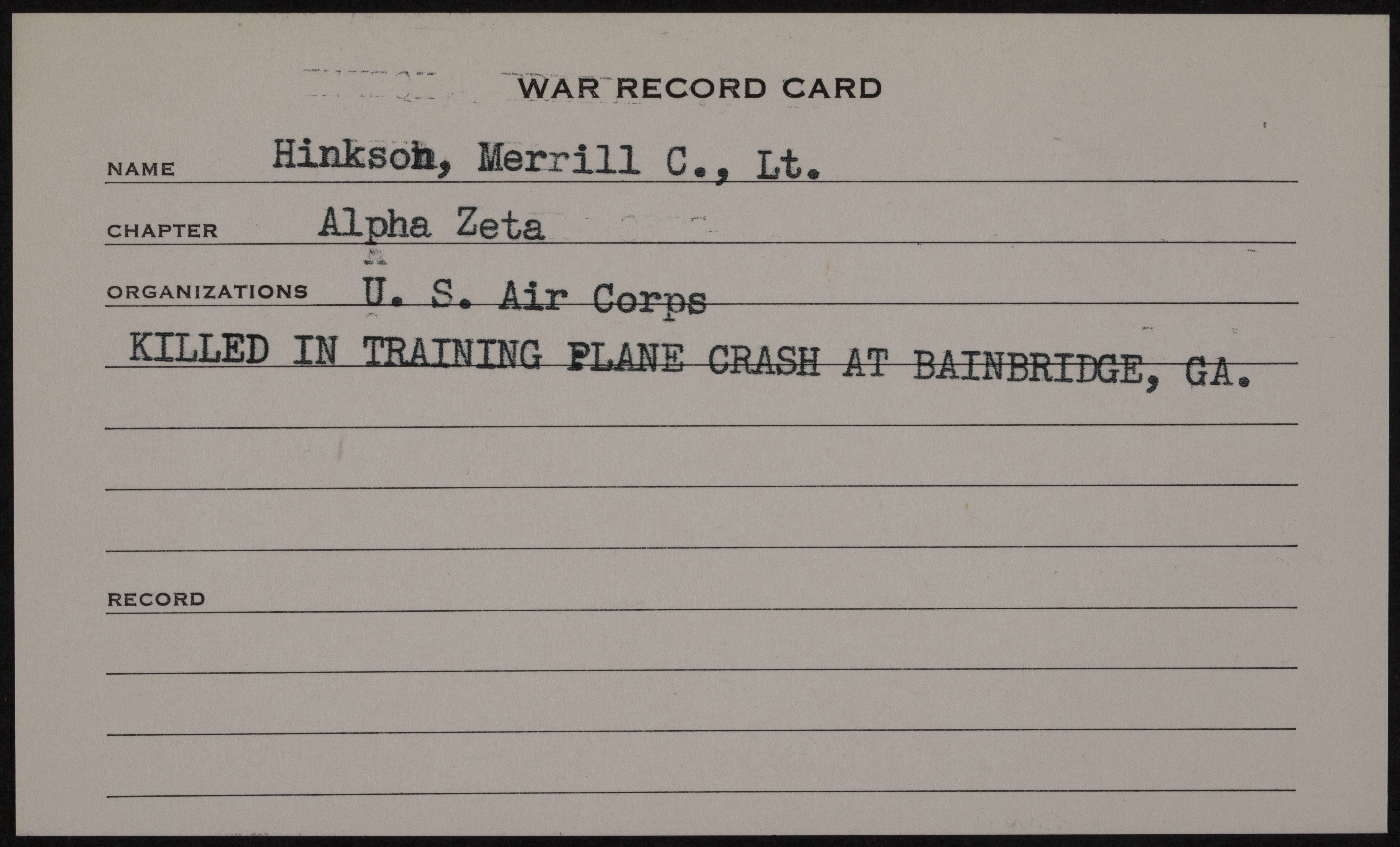 Merrill Carruth Hinkson War Record Card