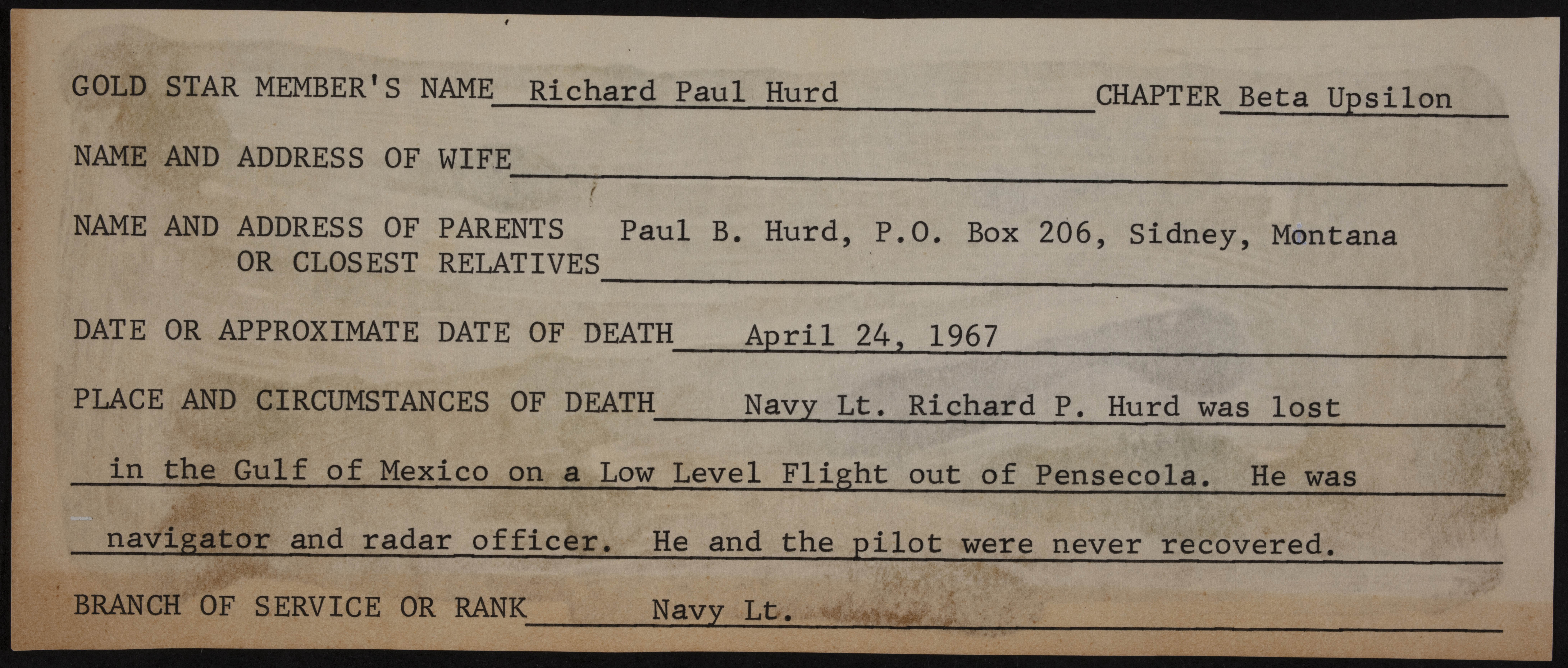 Richard Paul Hurd War Record Form