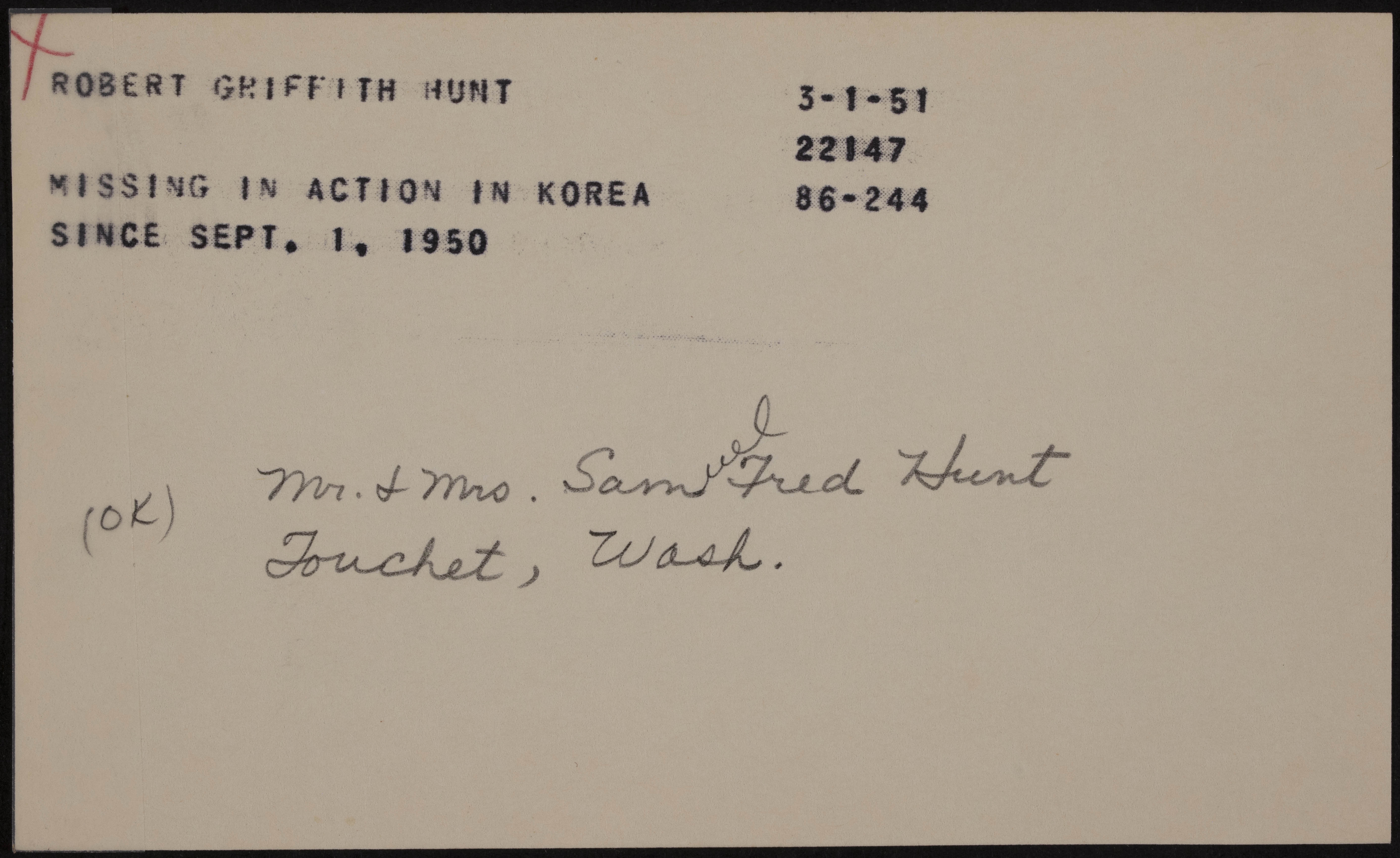 Robert Griffith Hunt War Record Card