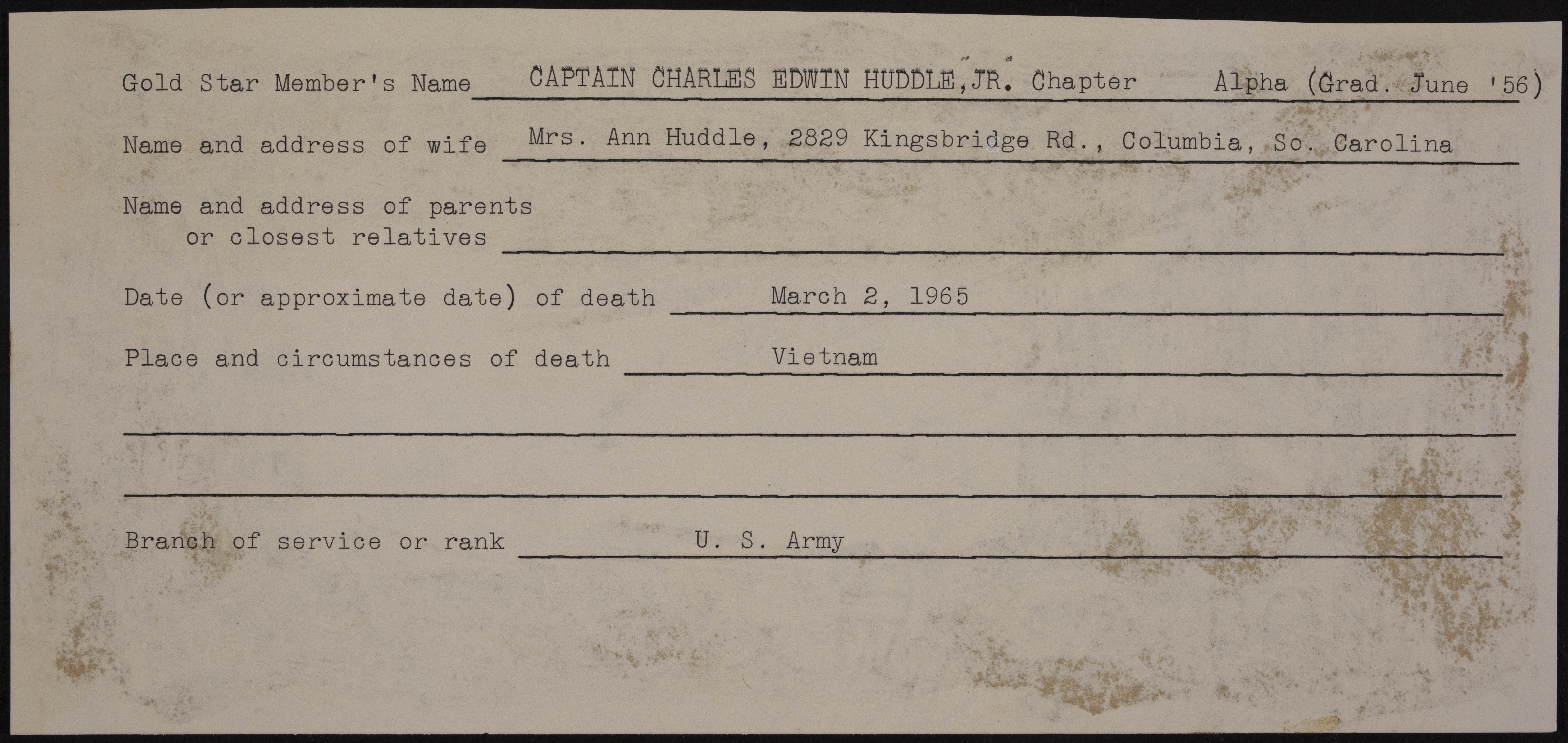 Charles Edwin Huddle Jr War Record Form