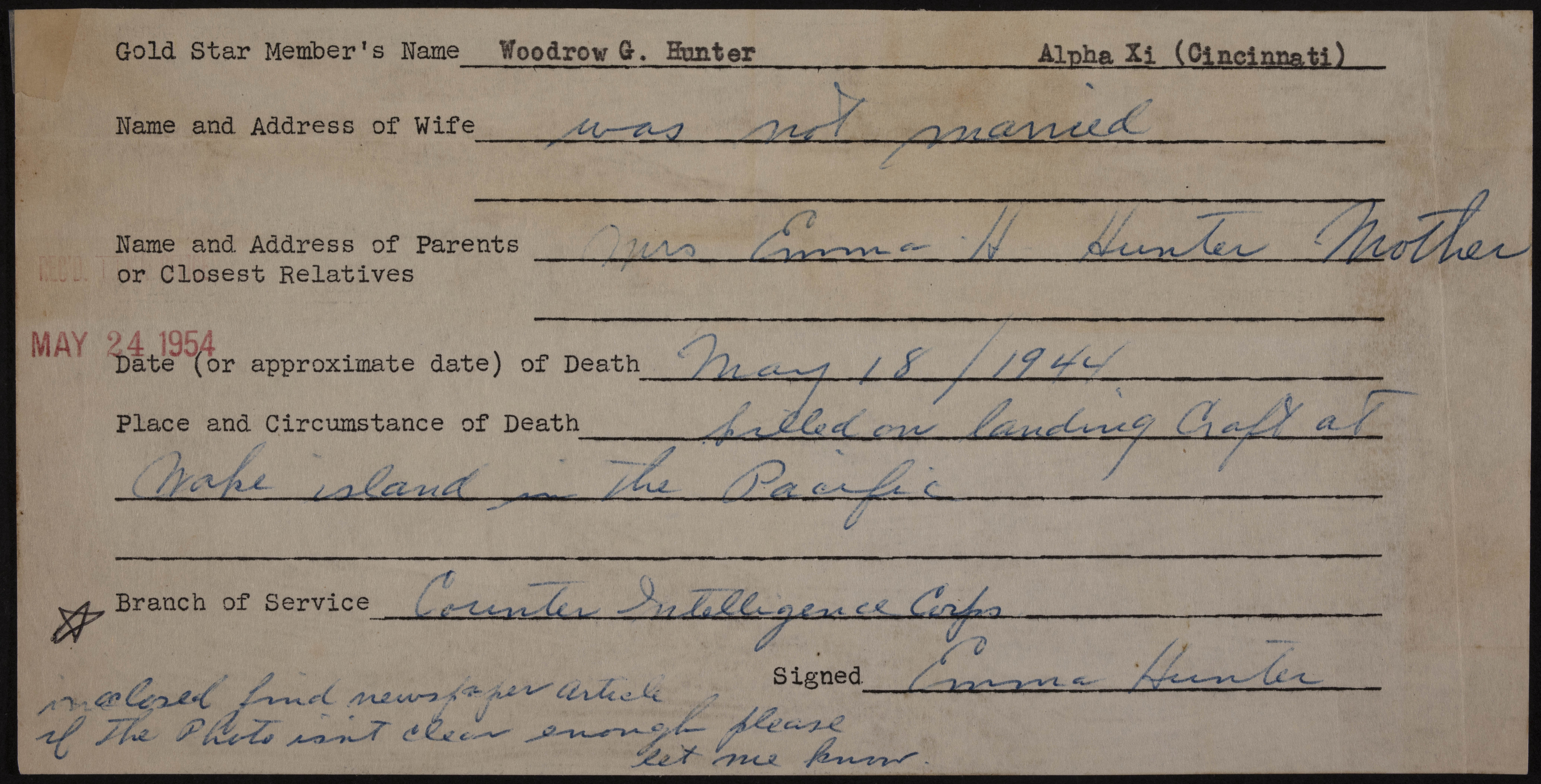 Woodrow G. Hunter War Record Form, May 24, 1954