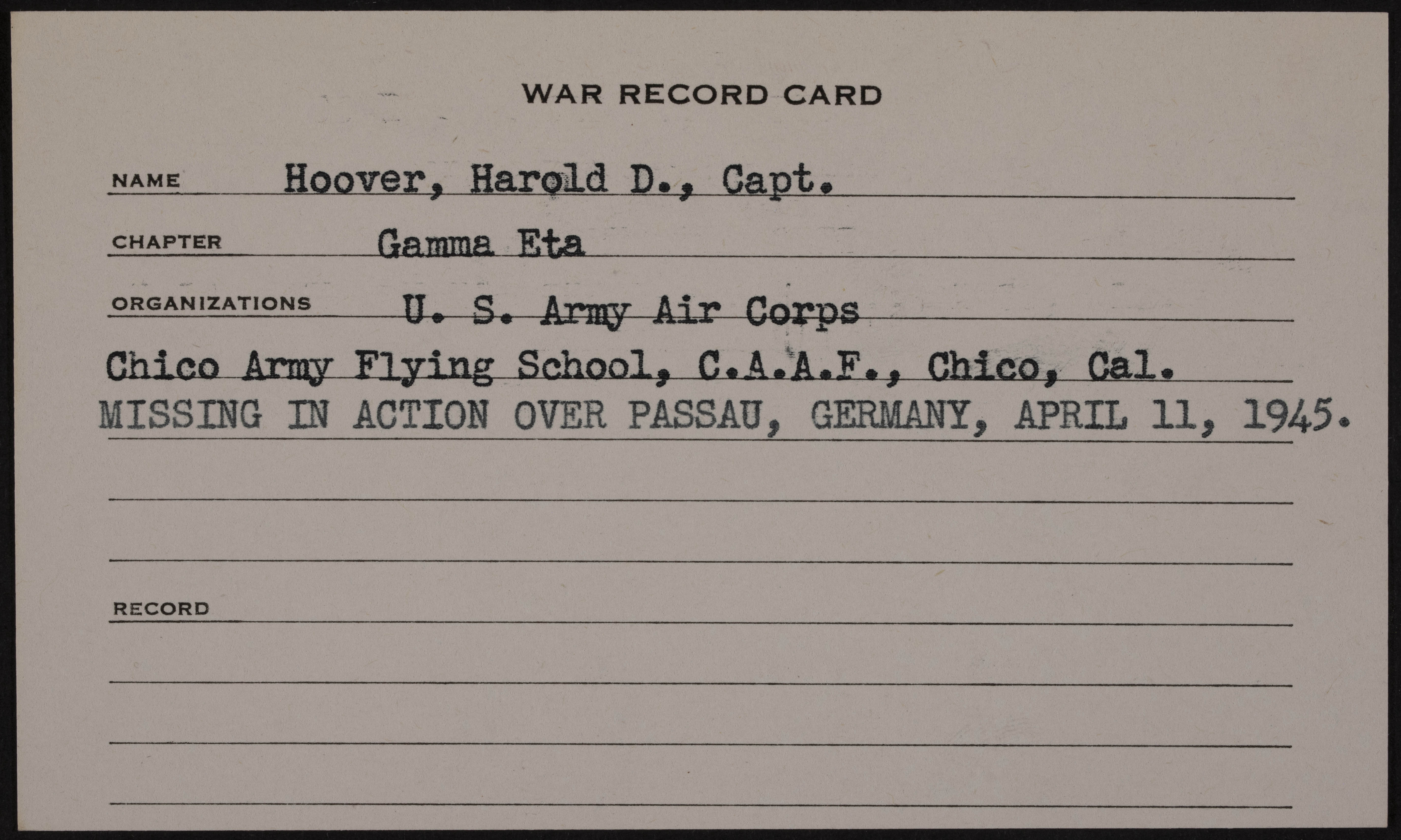 Harold Dan Hoover War Record Card