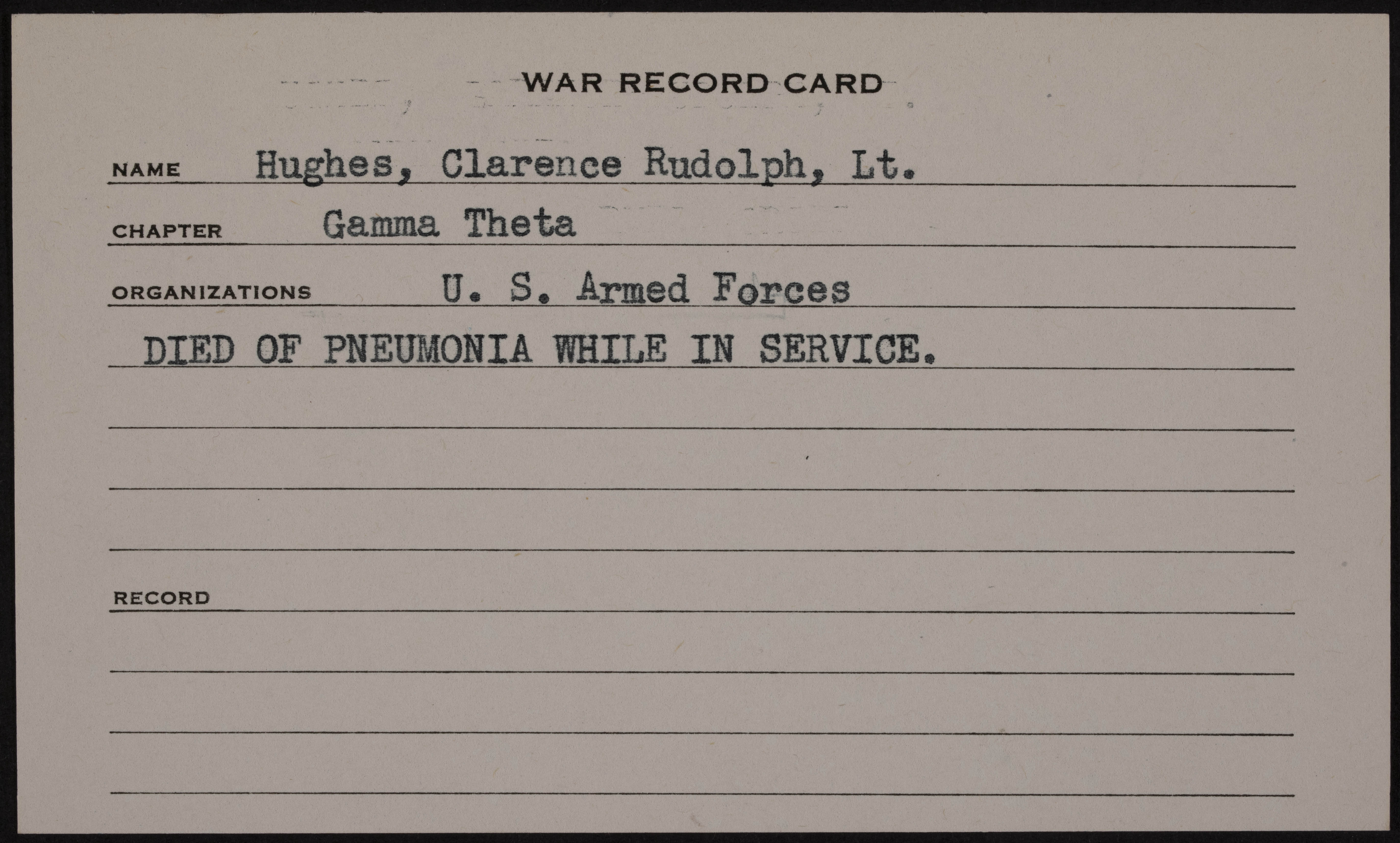 Clarence Rudolph Hughes Jr. War Record Card