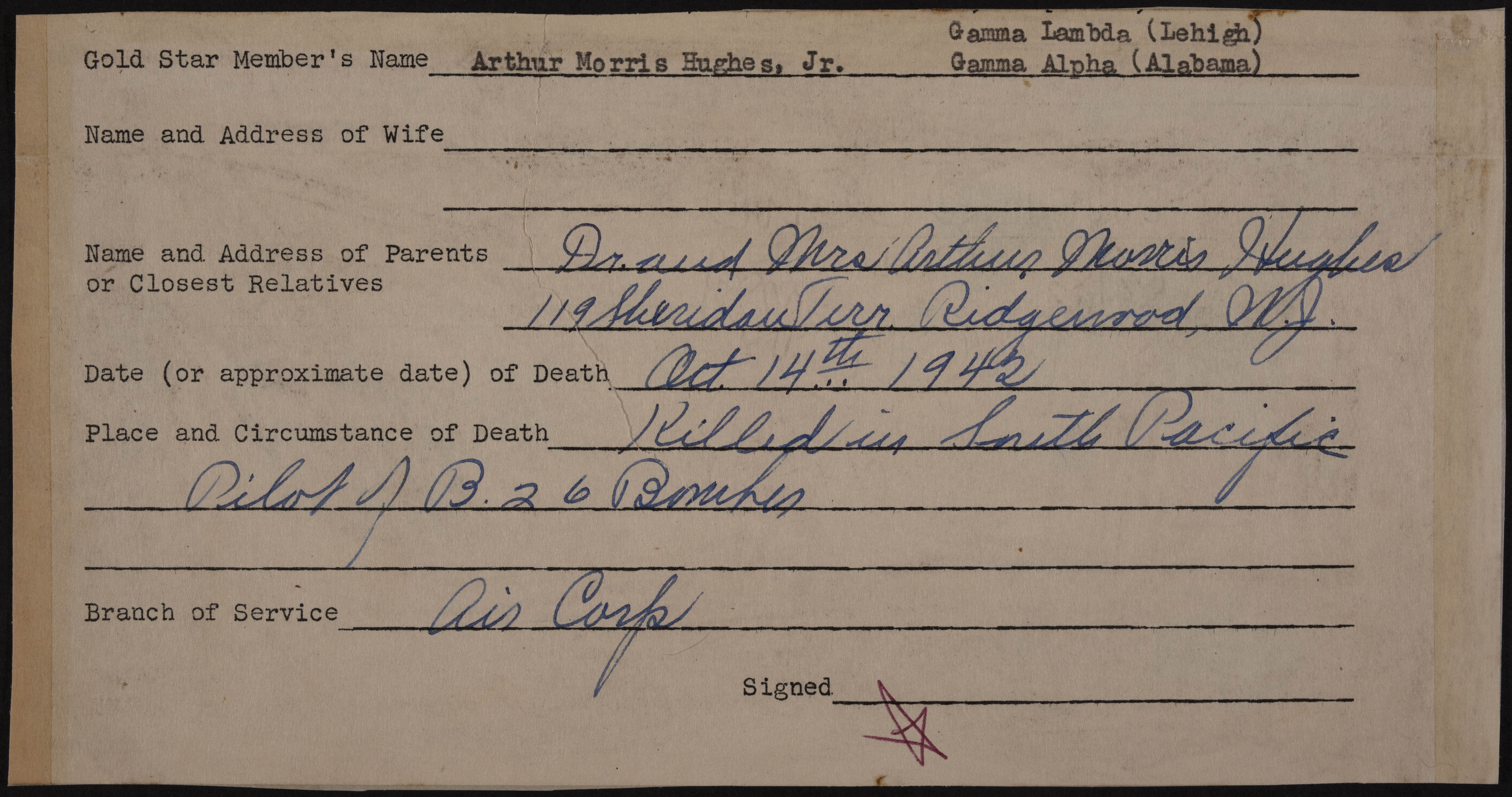 Arthur Morris Hughes Jr. War Record Form