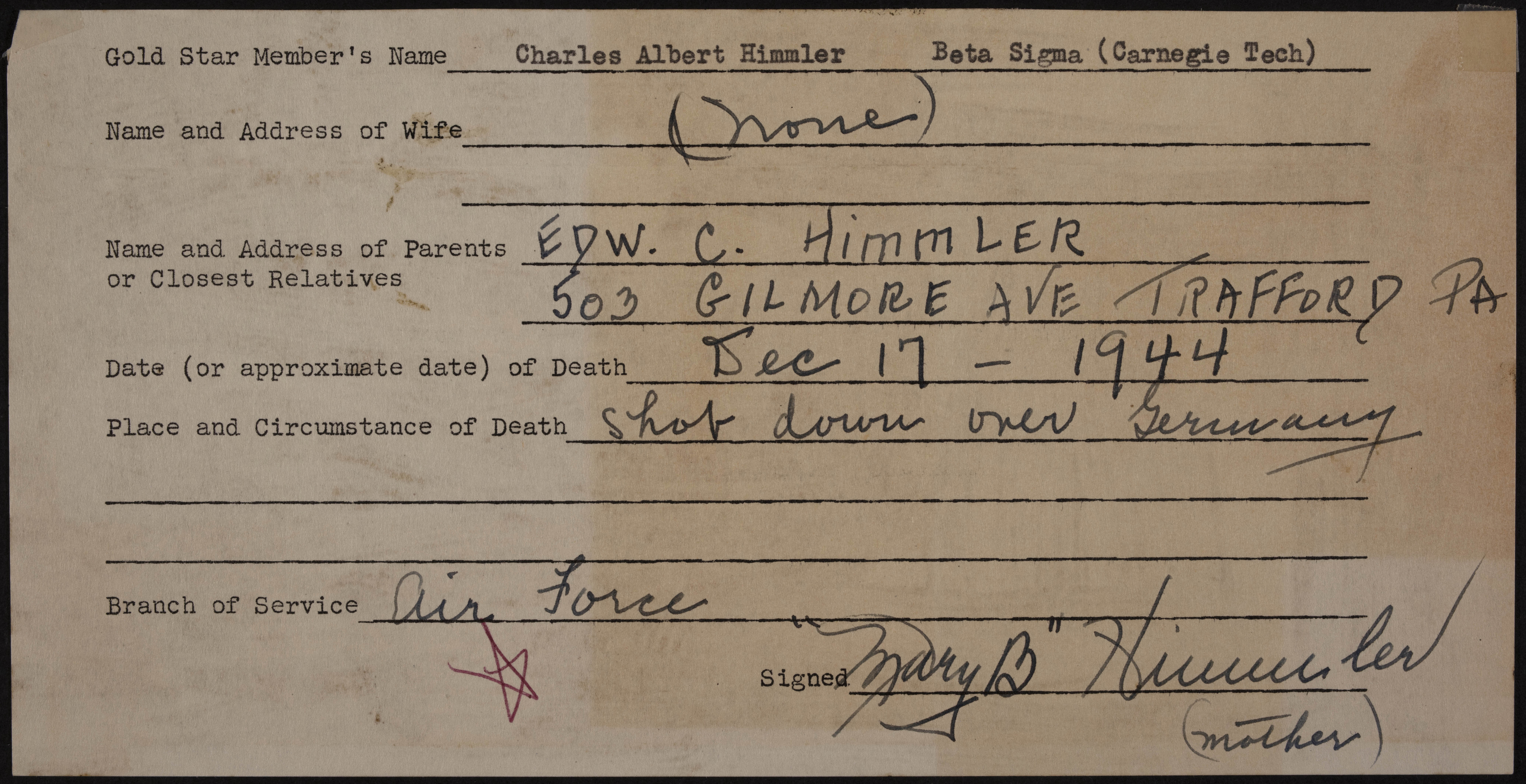 Charles Albert Himmler War Record Form
