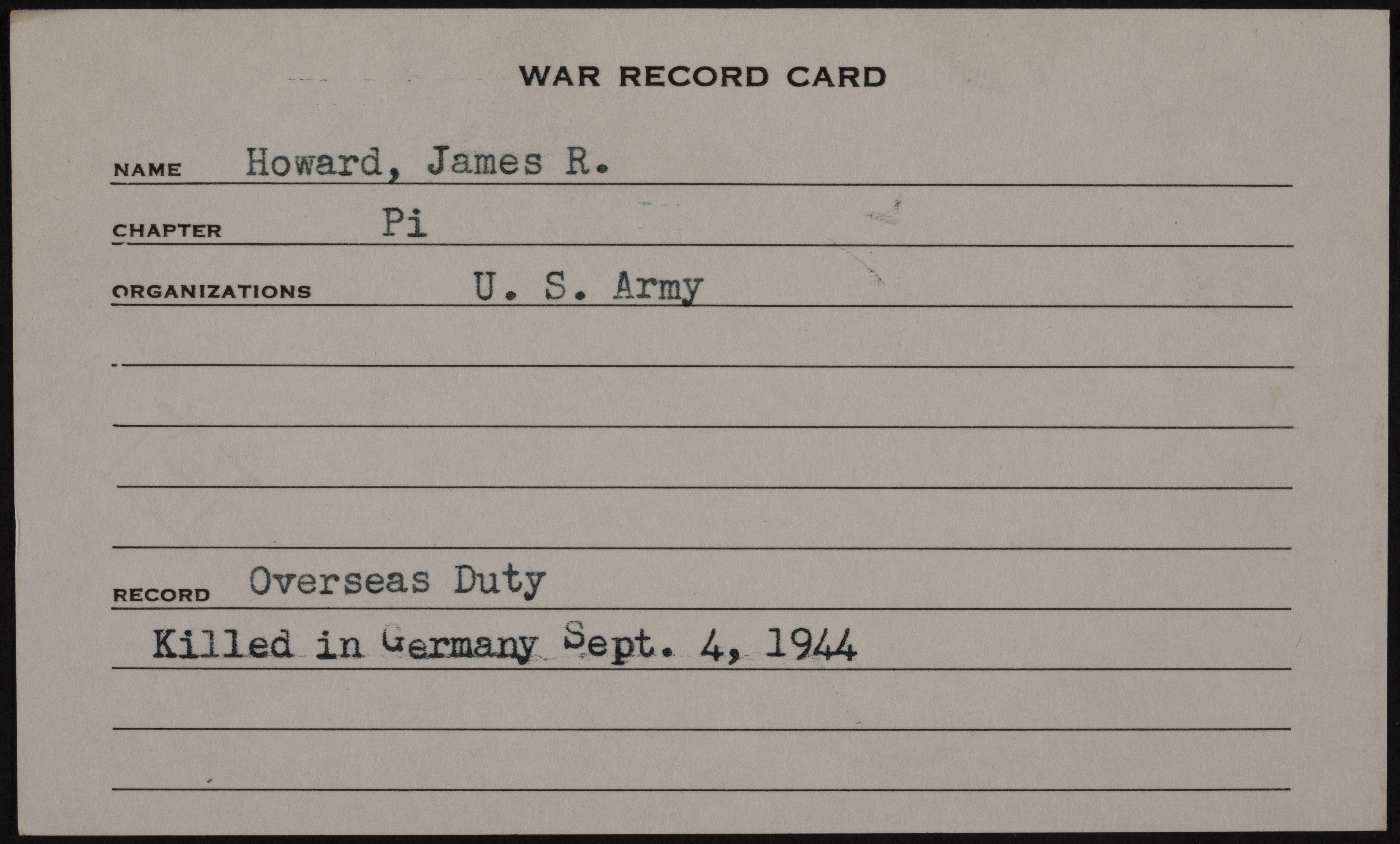 James Robert Howard Jr. War Record Card