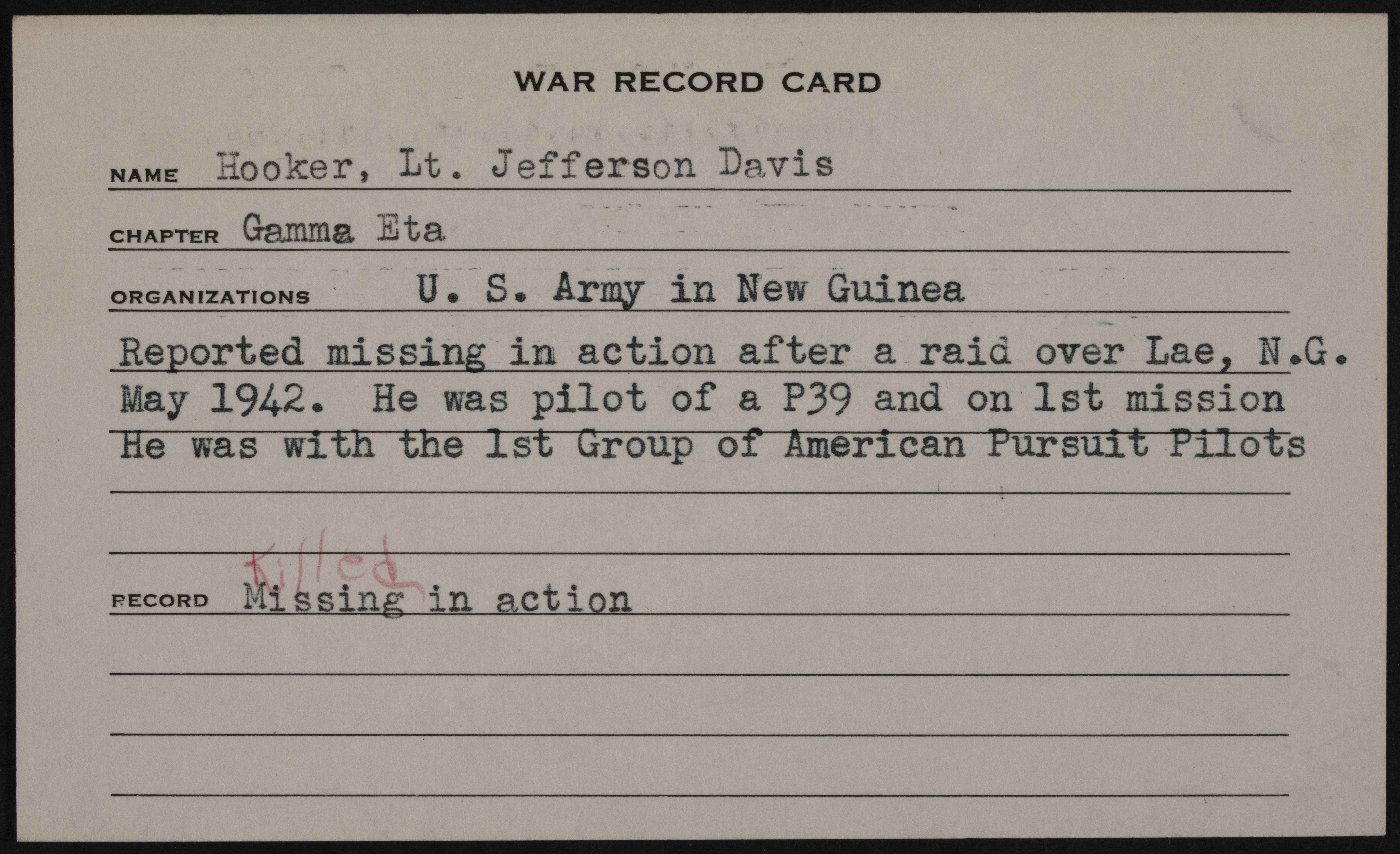 Jefferson Davis Hooker Jr. War Record Card