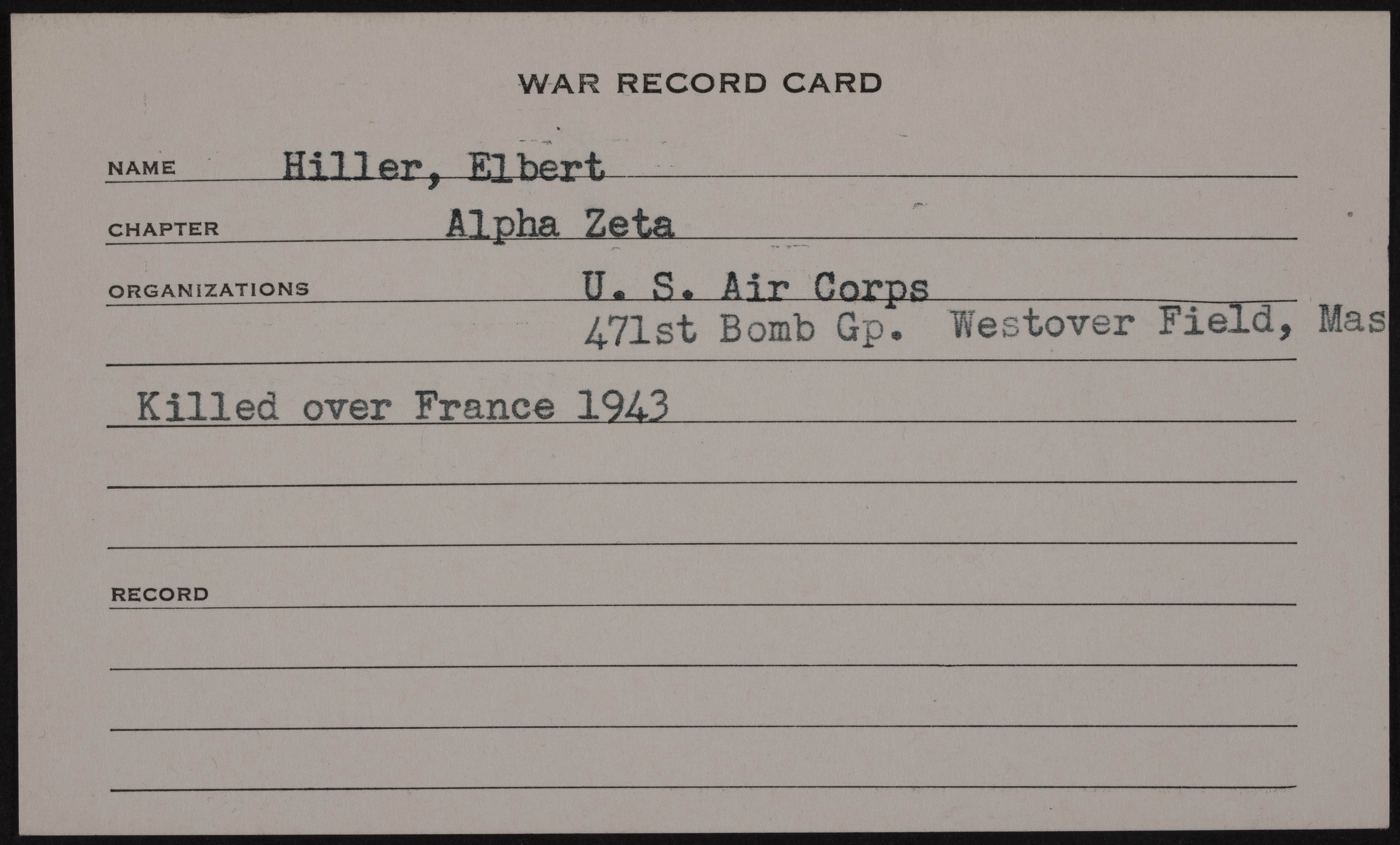 Elbert W. Hiller War Record Card