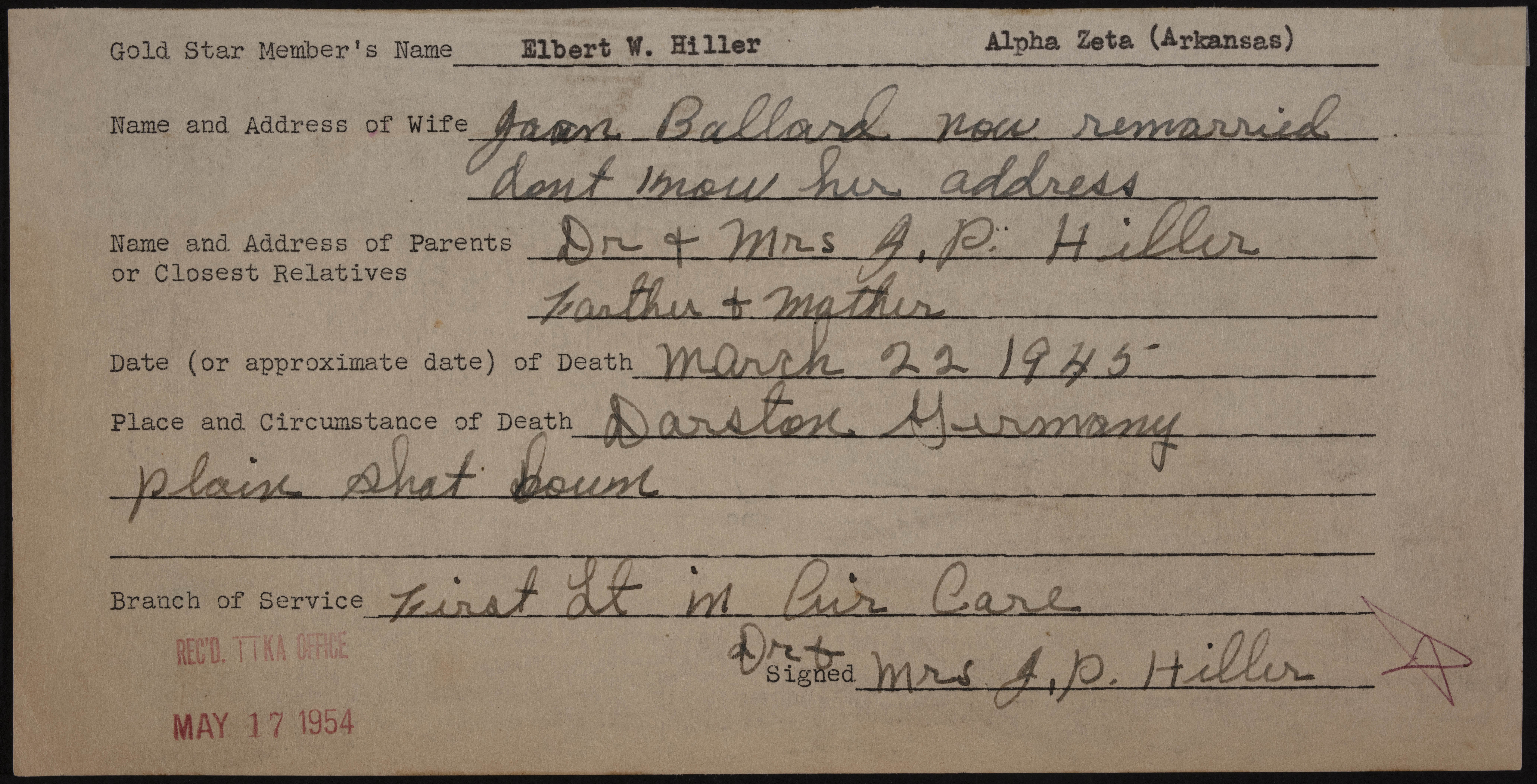 Elbert W. Hiller War Record Form, May 17, 1954
