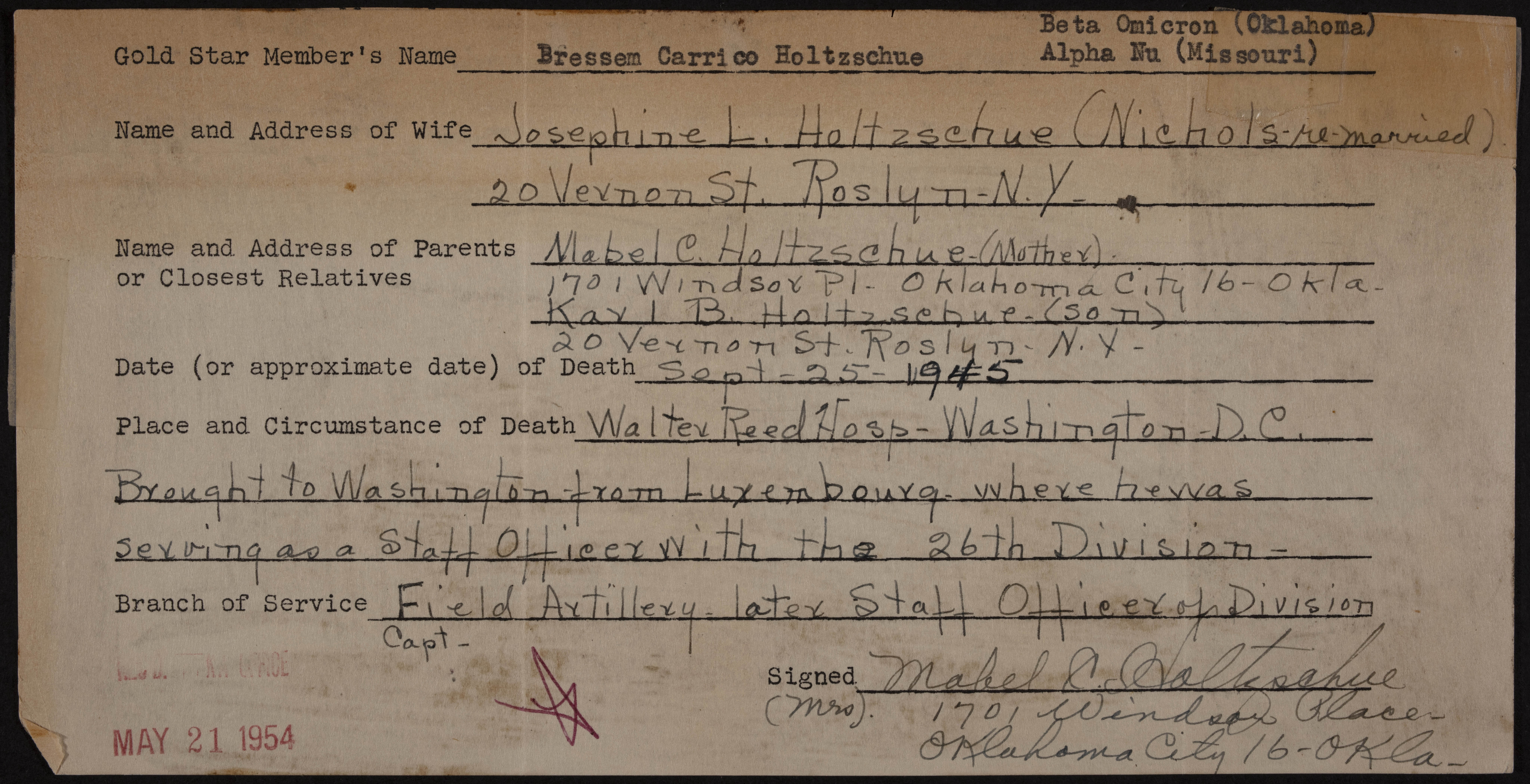 Bressem Carrico Holtzschue War Record Form, May 21, 1954