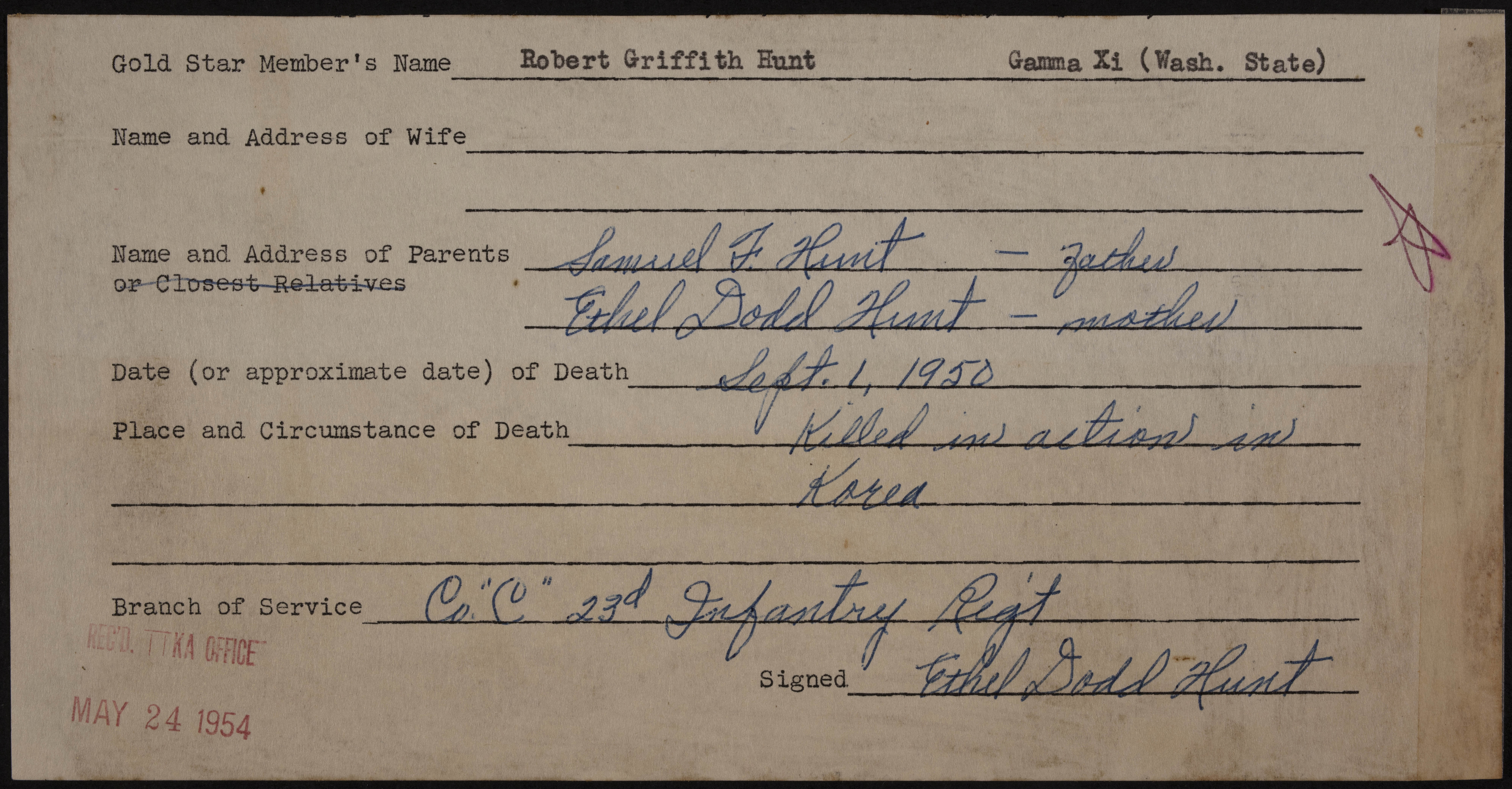 Robert Griffith Hunt War Record Form, May 24, 1954