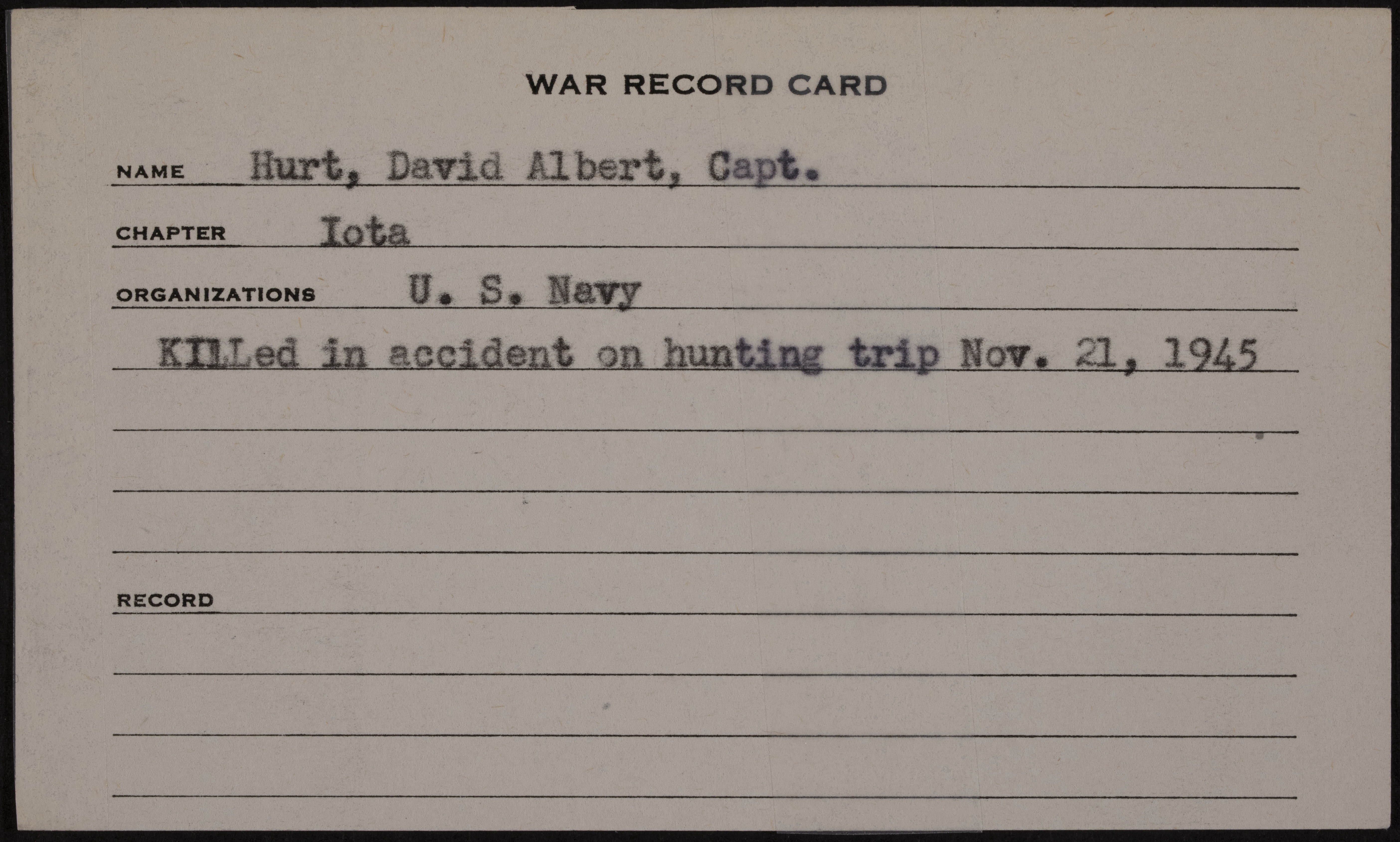 David Albert Hurt War Record Card
