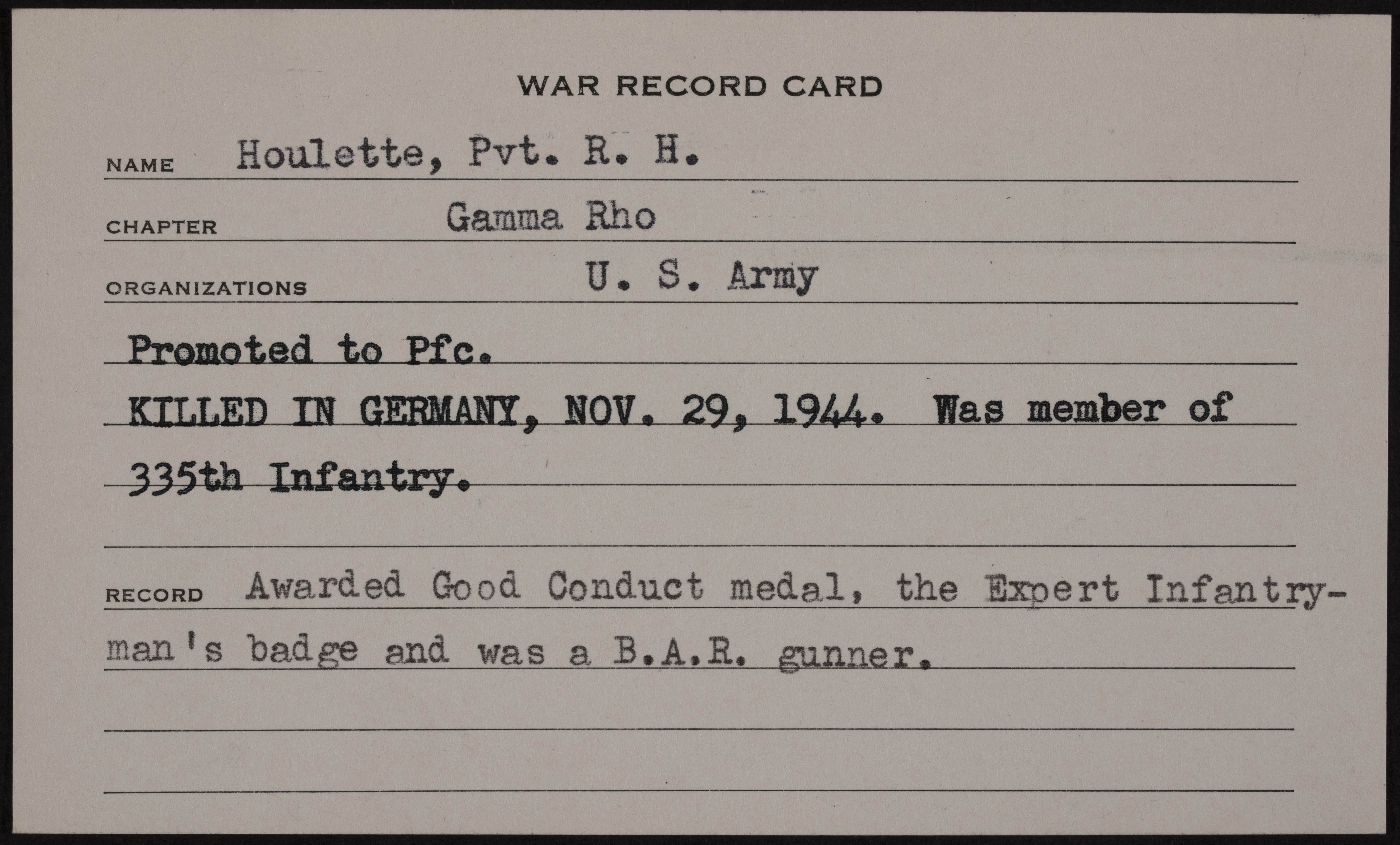 Robert Henry Houlette War Record Card
