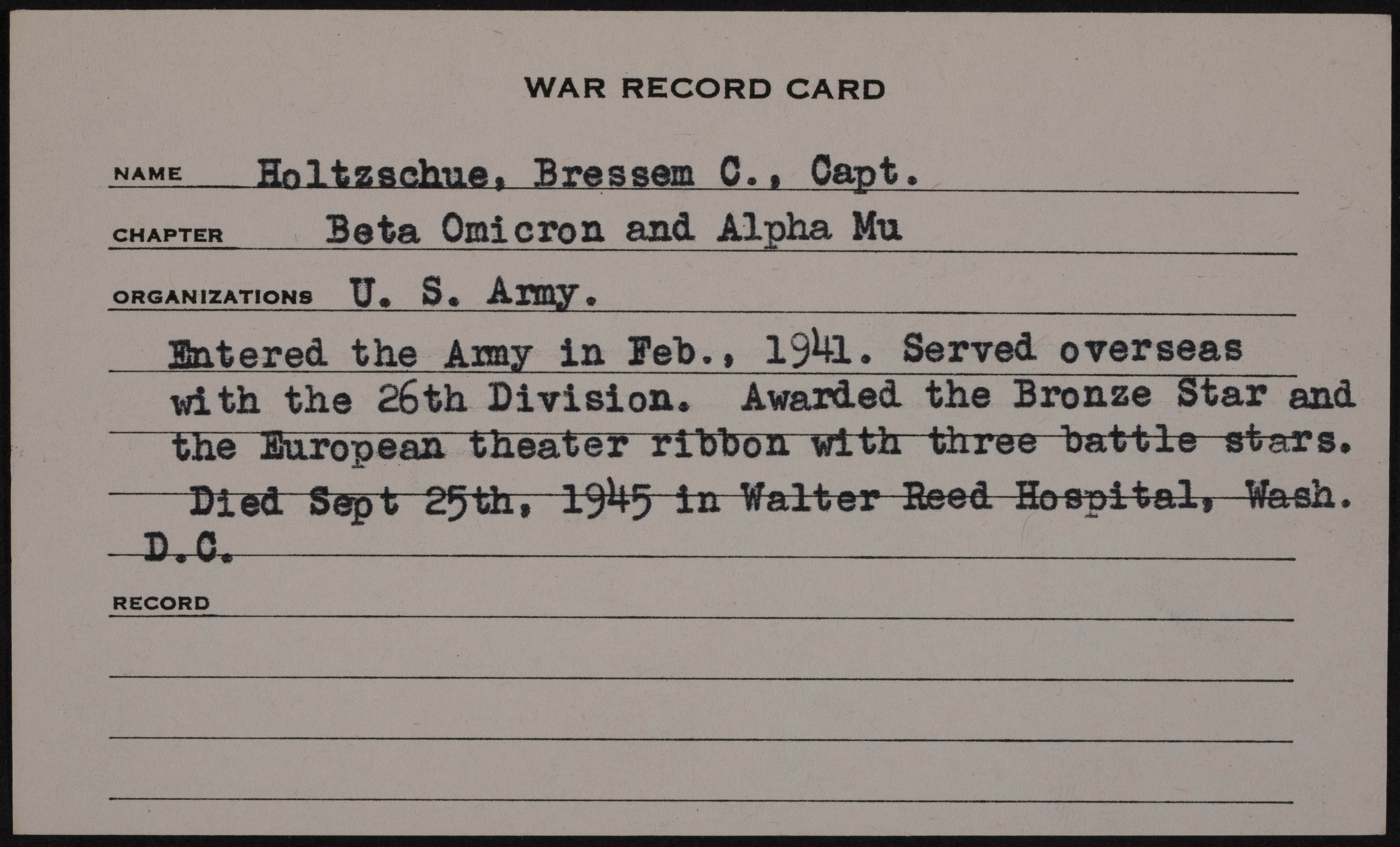 Bressem Carrico Holtzschue War Record Card
