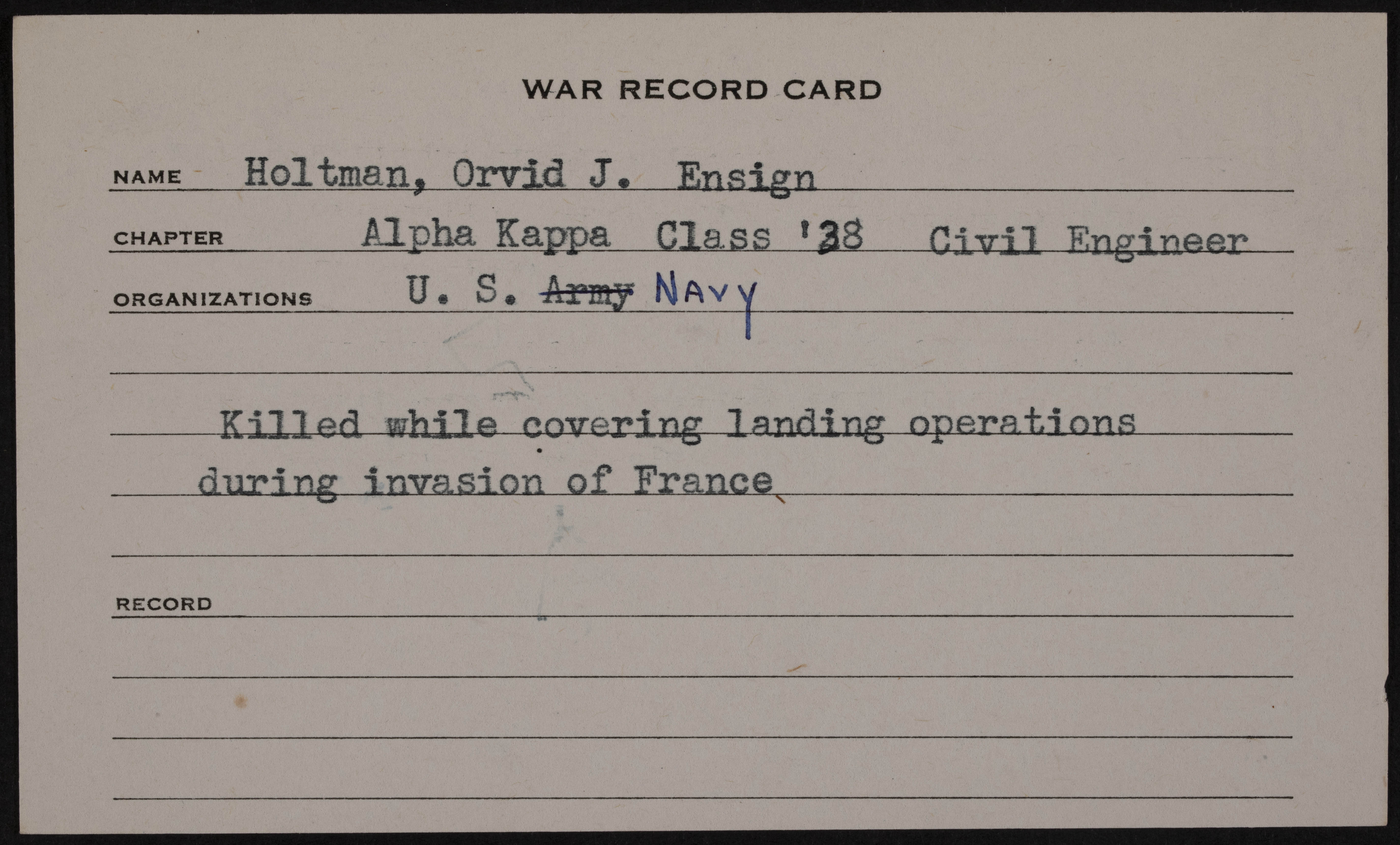 Orvid J. Holtman War Record Card