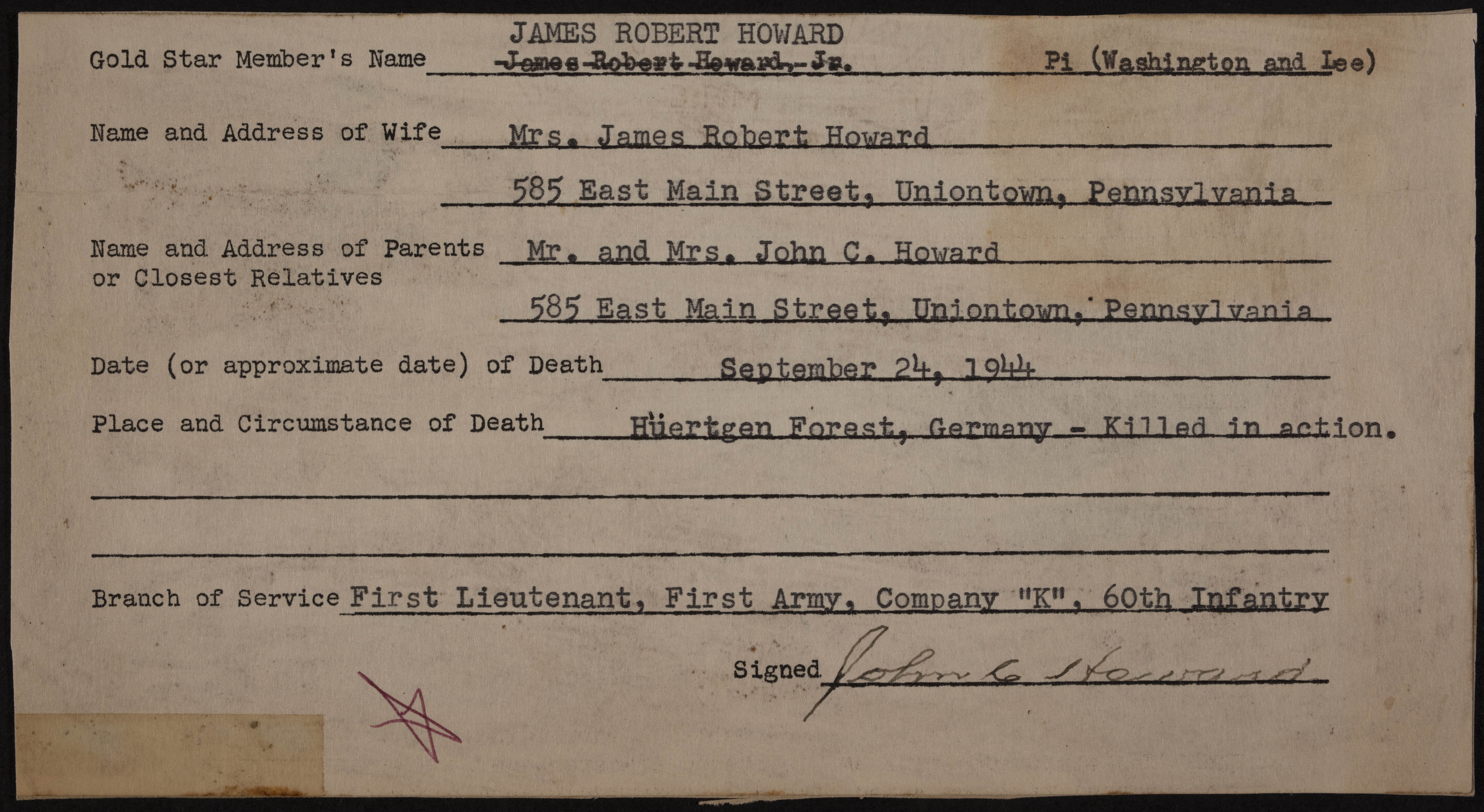 James Robert Howard Jr. War Record Form