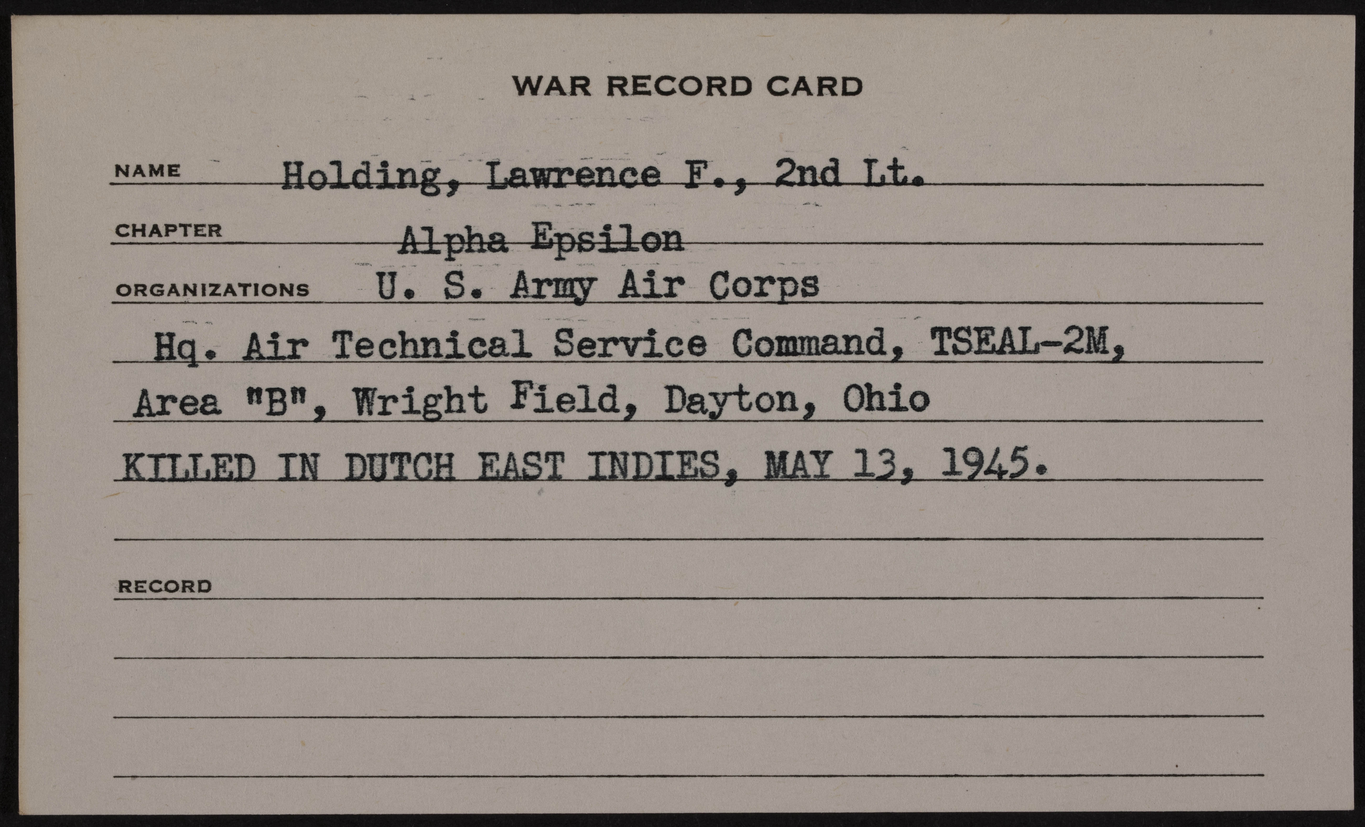 Lawrence Frierson Holding War Record Card