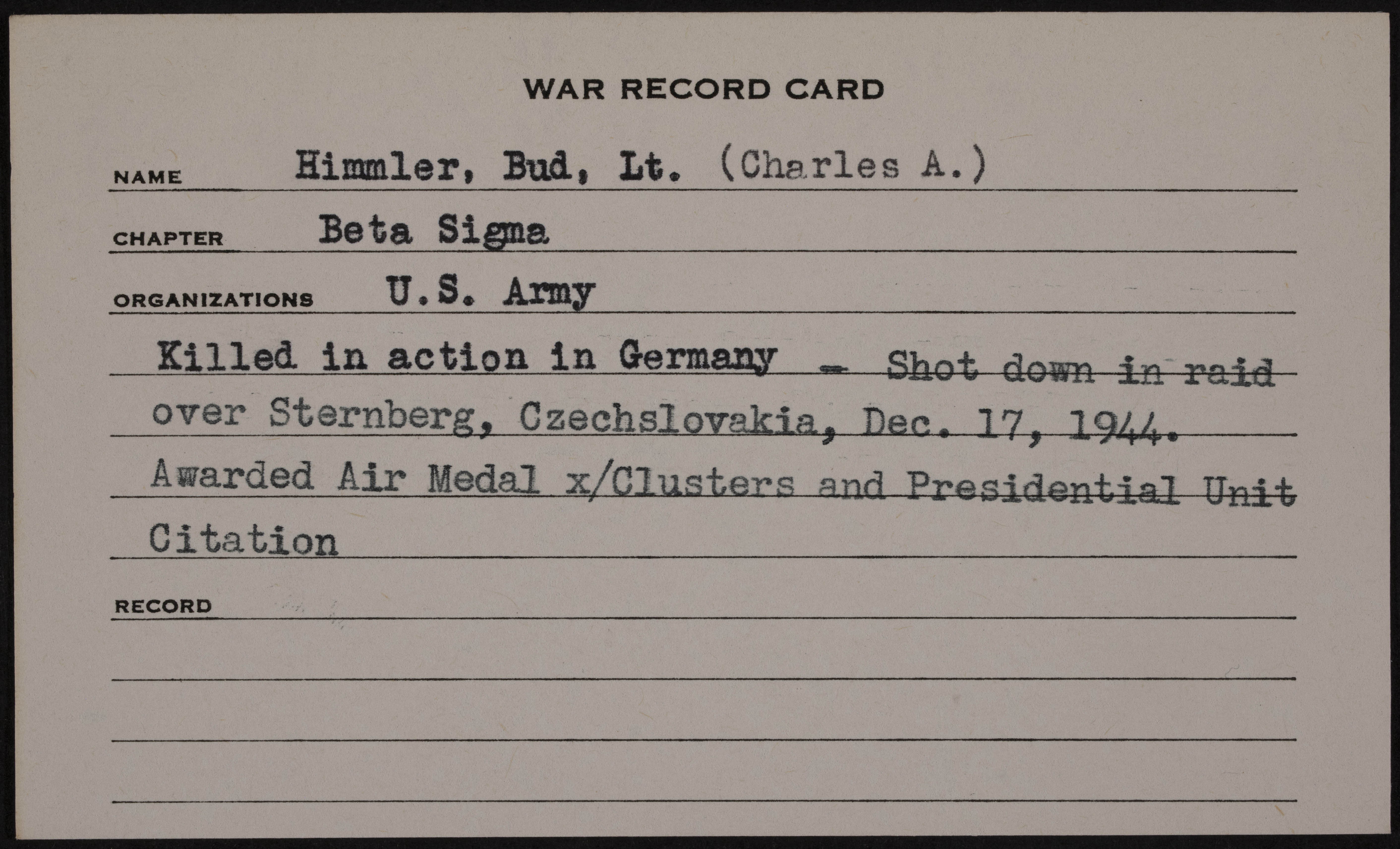 Charles Albert Himmler War Record Card