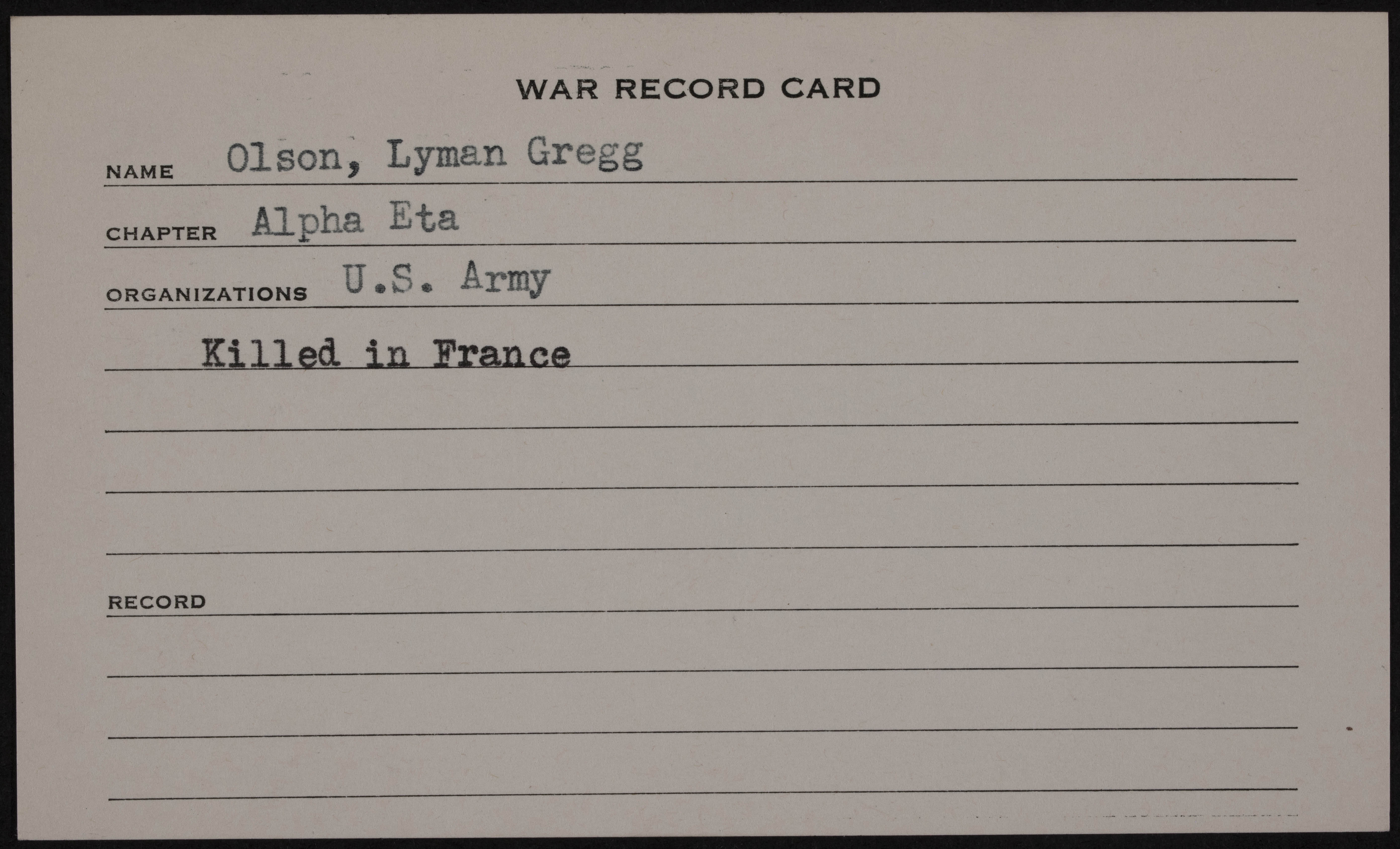 Lyman Gregg Olson War Record Card