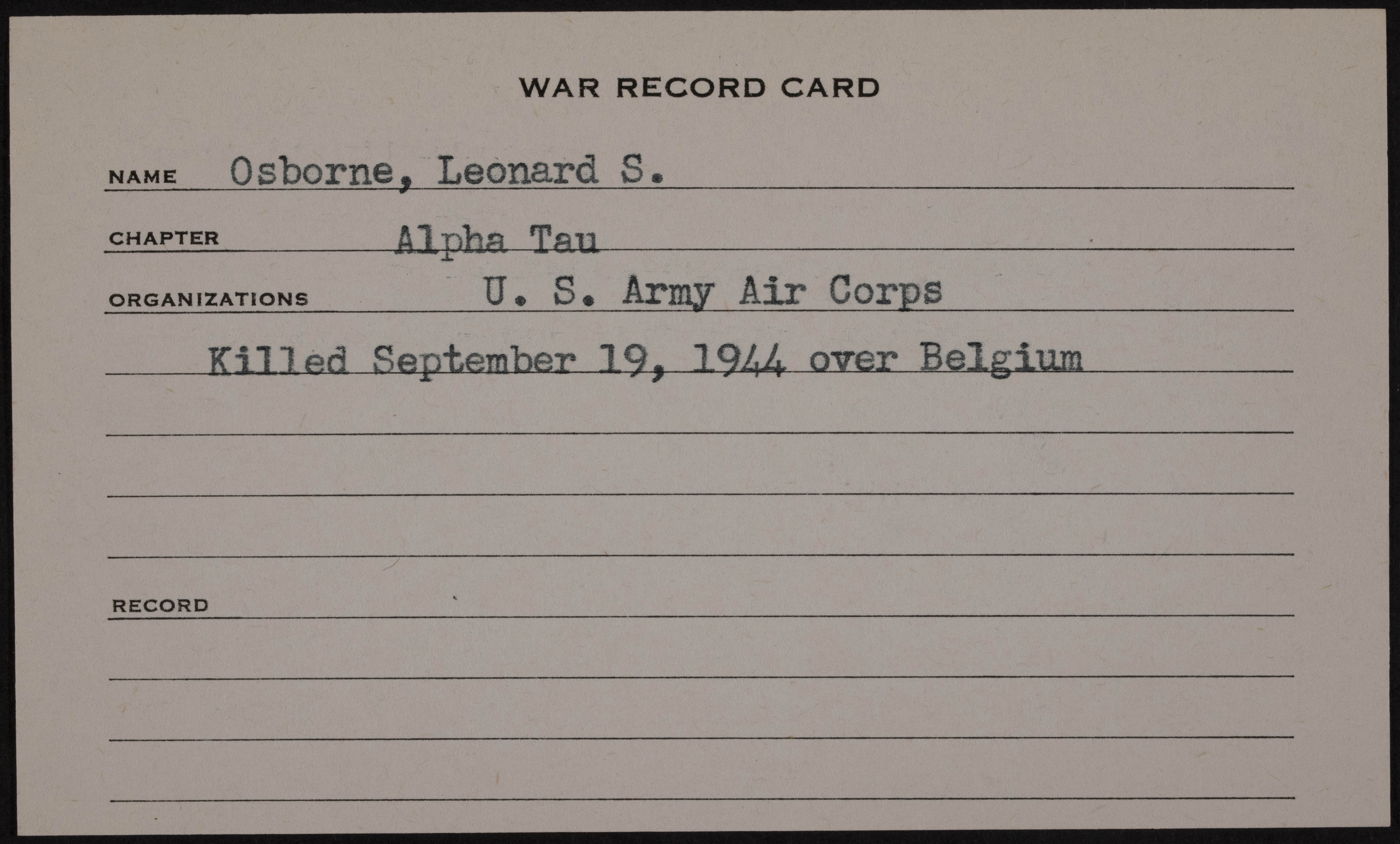 Leonard S. Osborne War Record Card