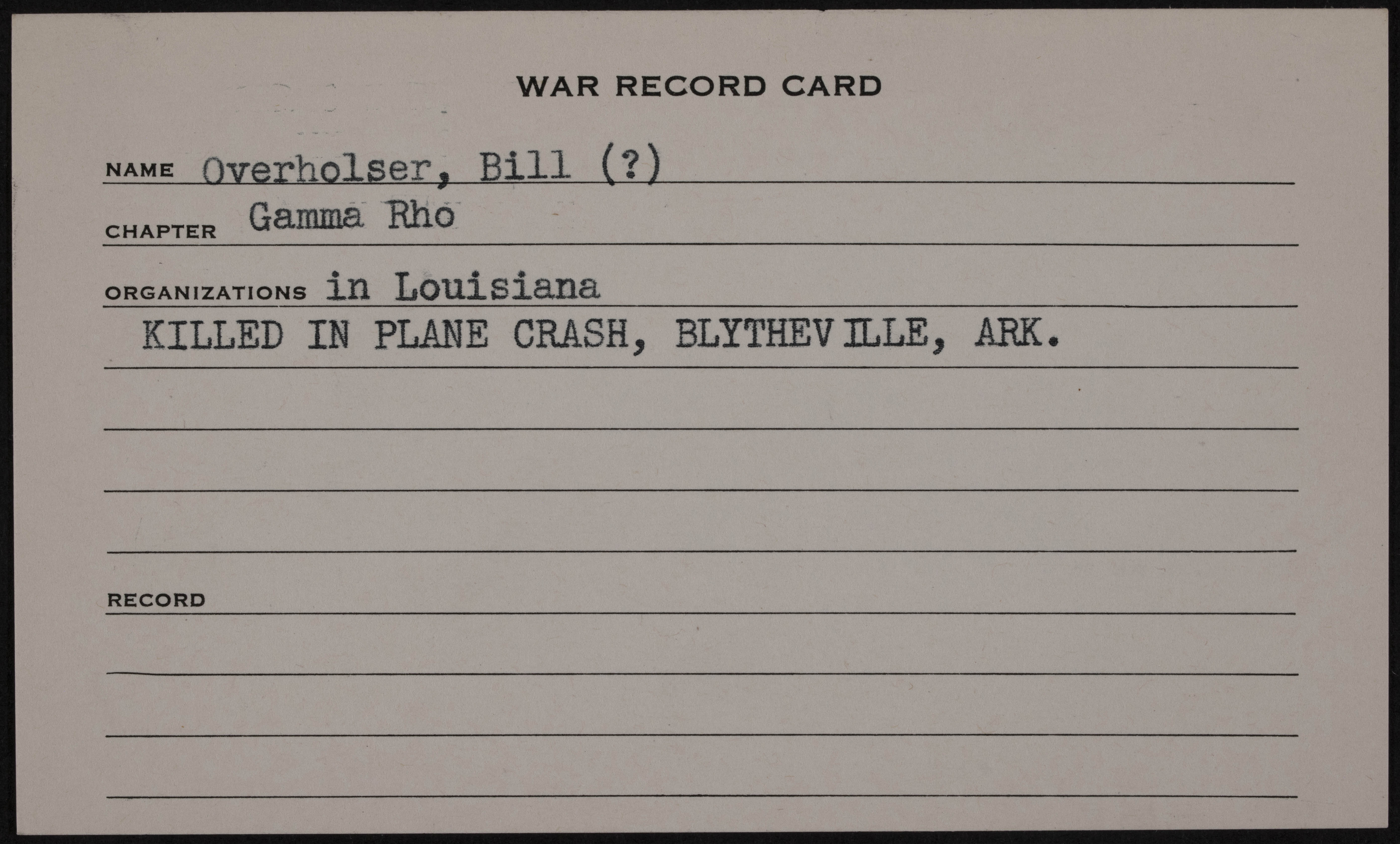 Robert Leroy Overholser War Record Card