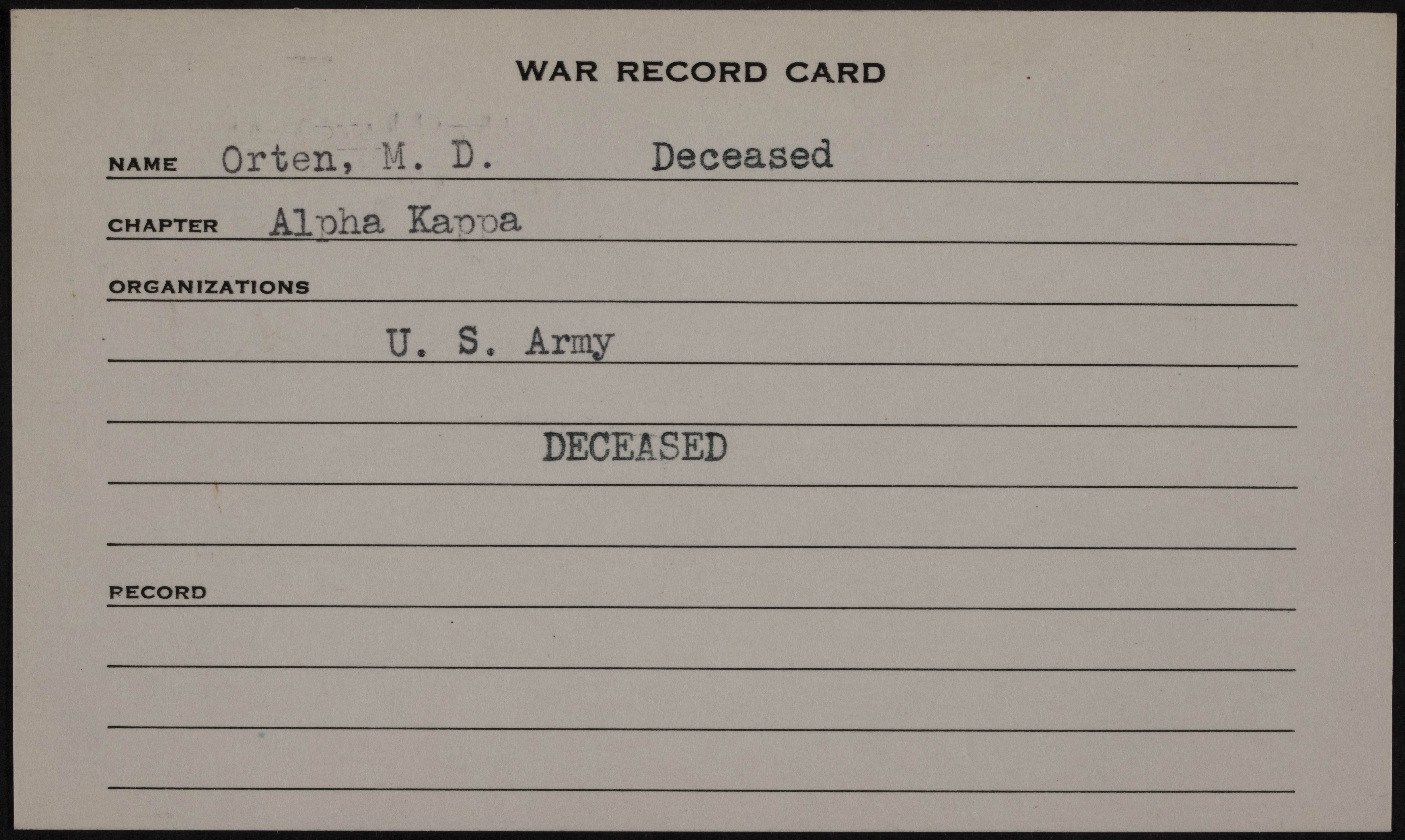 Maurice D. Orten War Record Card