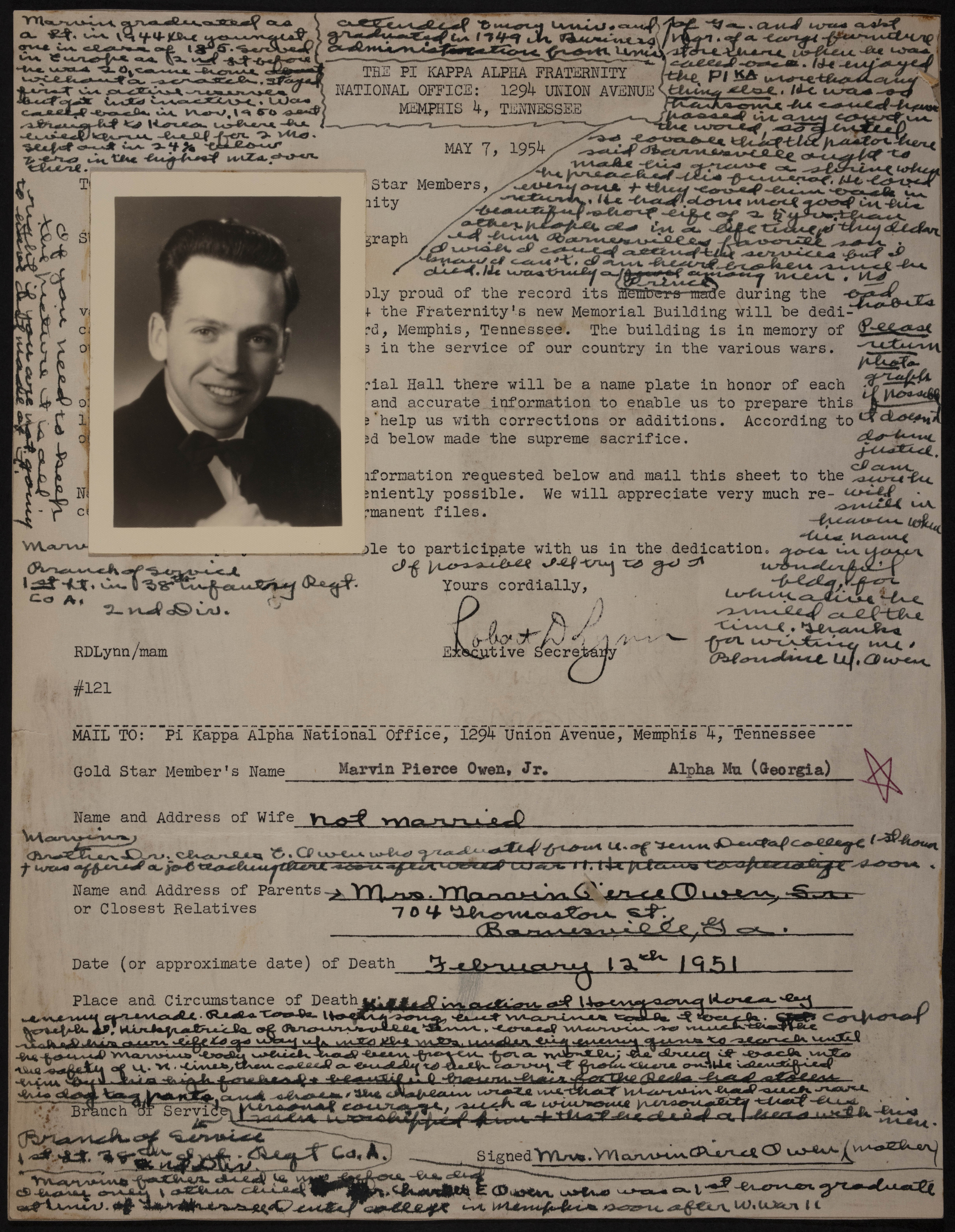 Marvine Pierce Owen Jr. War Record Form