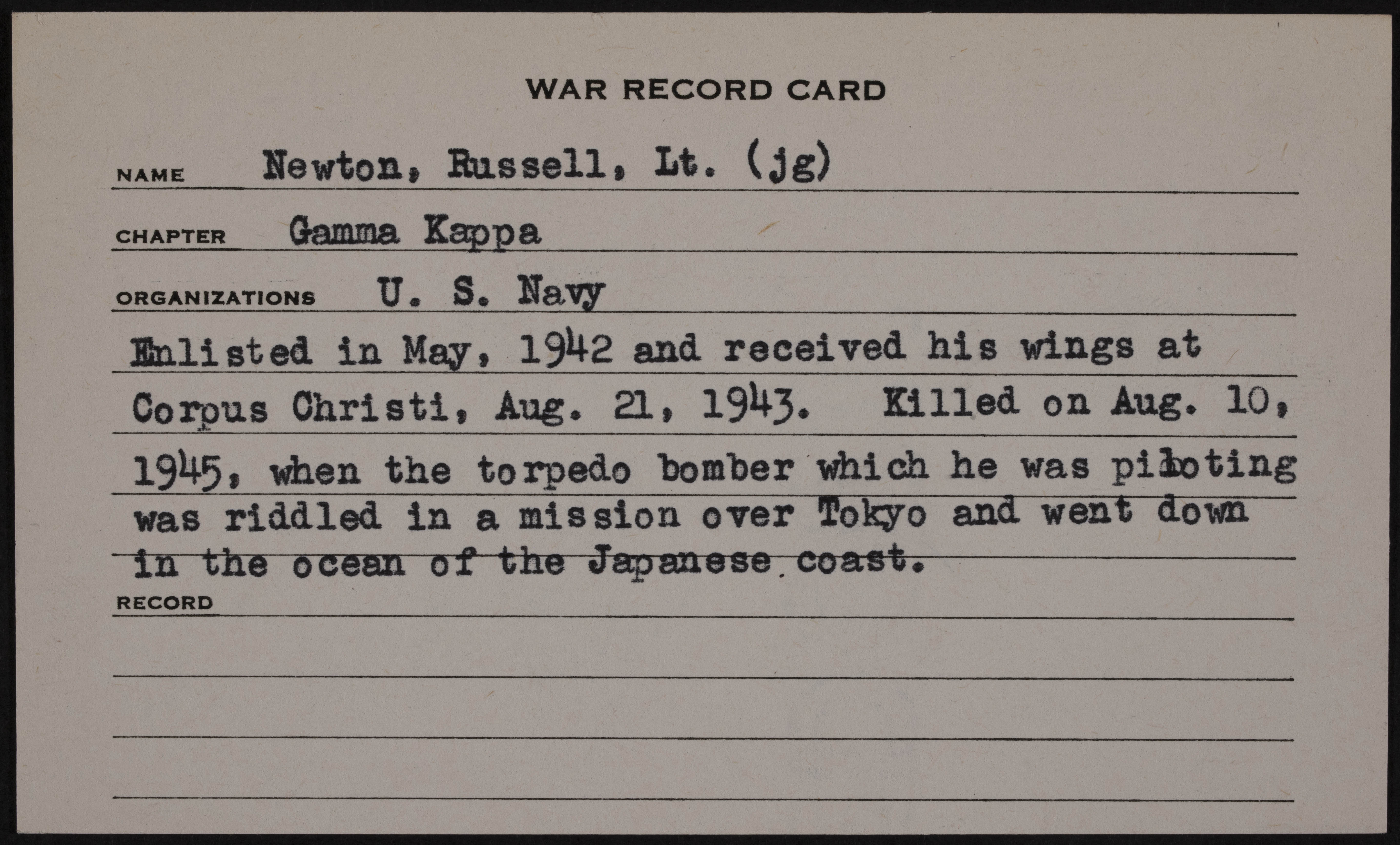 Joseph Russell Newton Jr. War Record Card