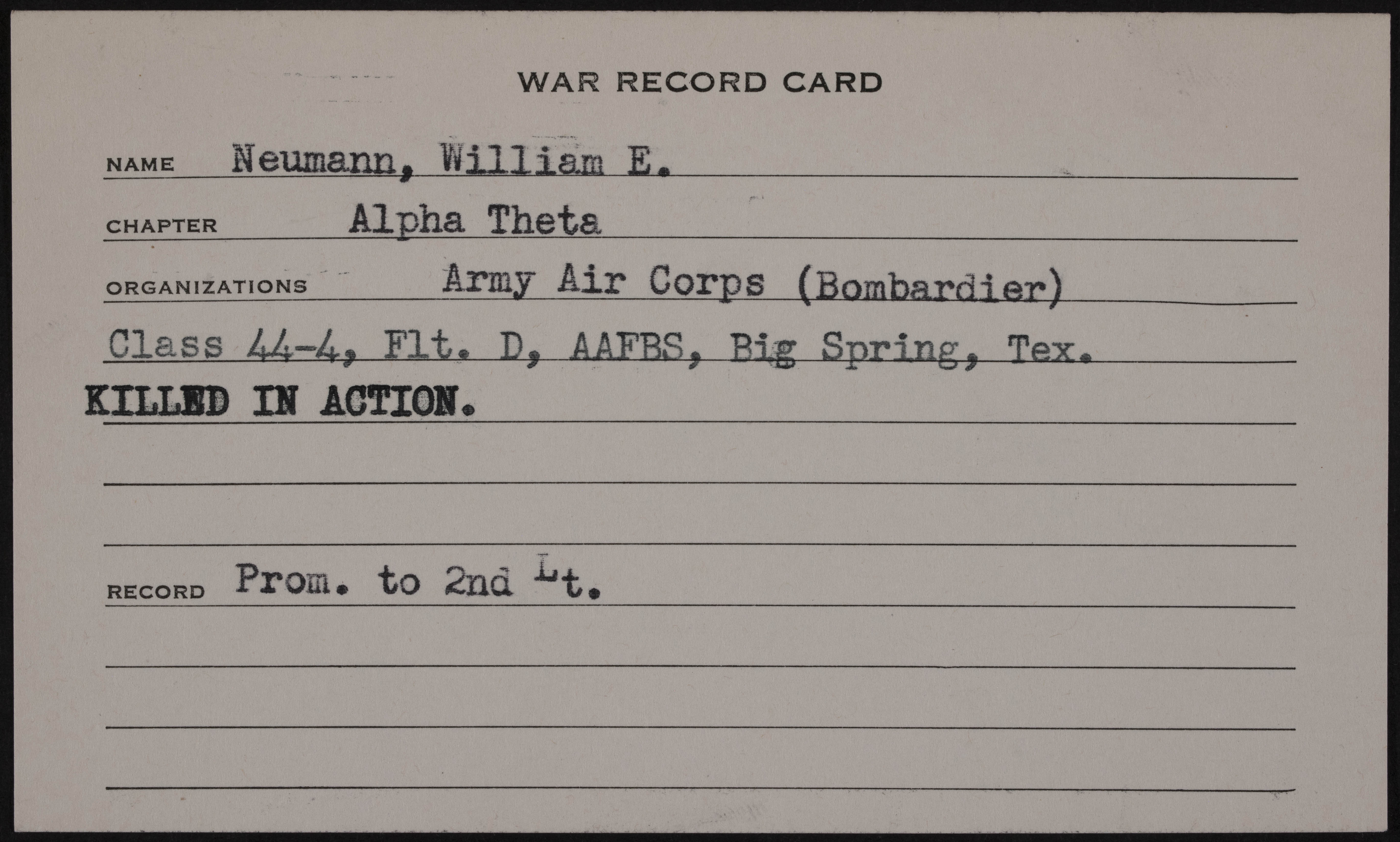 William Edward Neuman War Record Card
