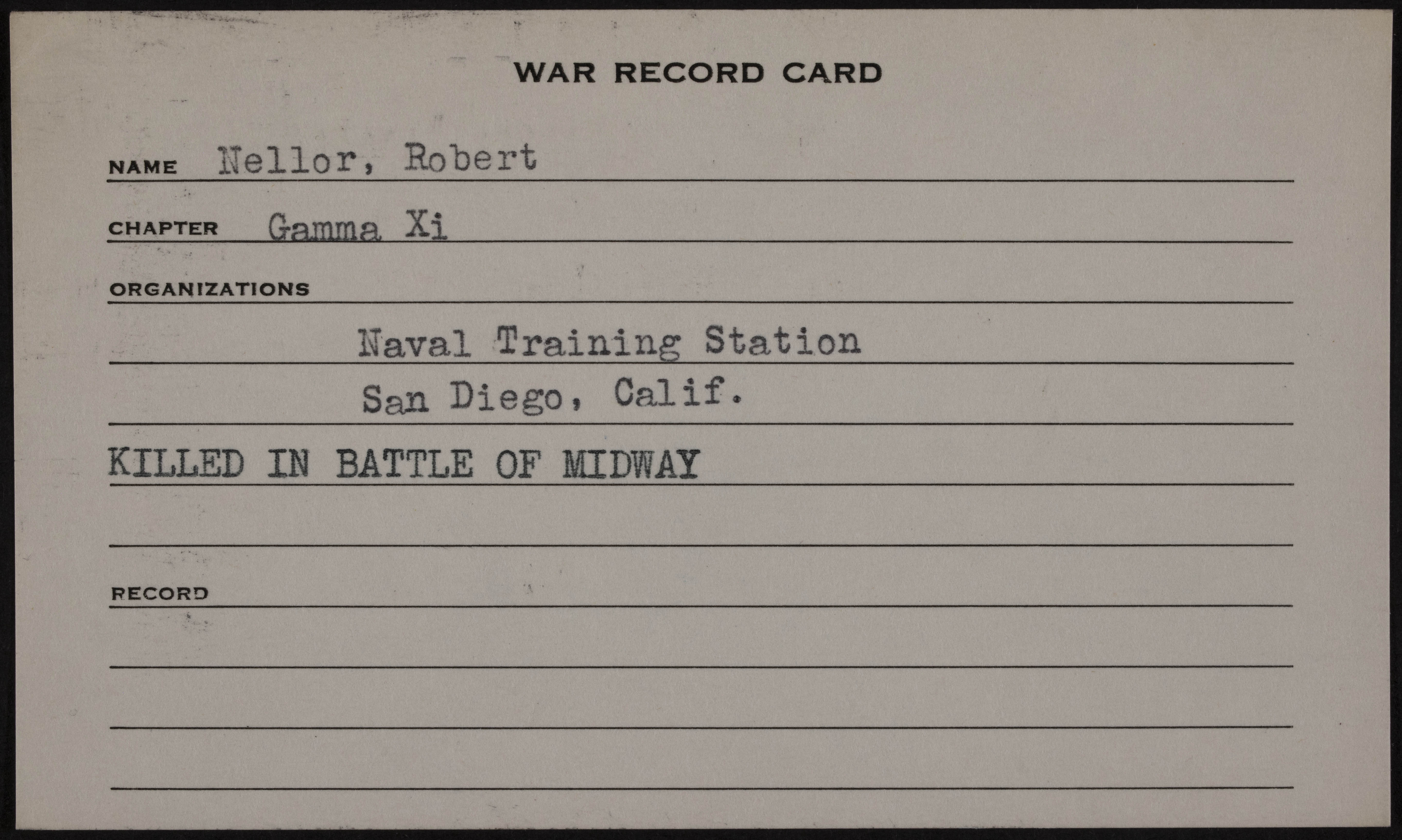 Robert Henry Nellor War Record Card