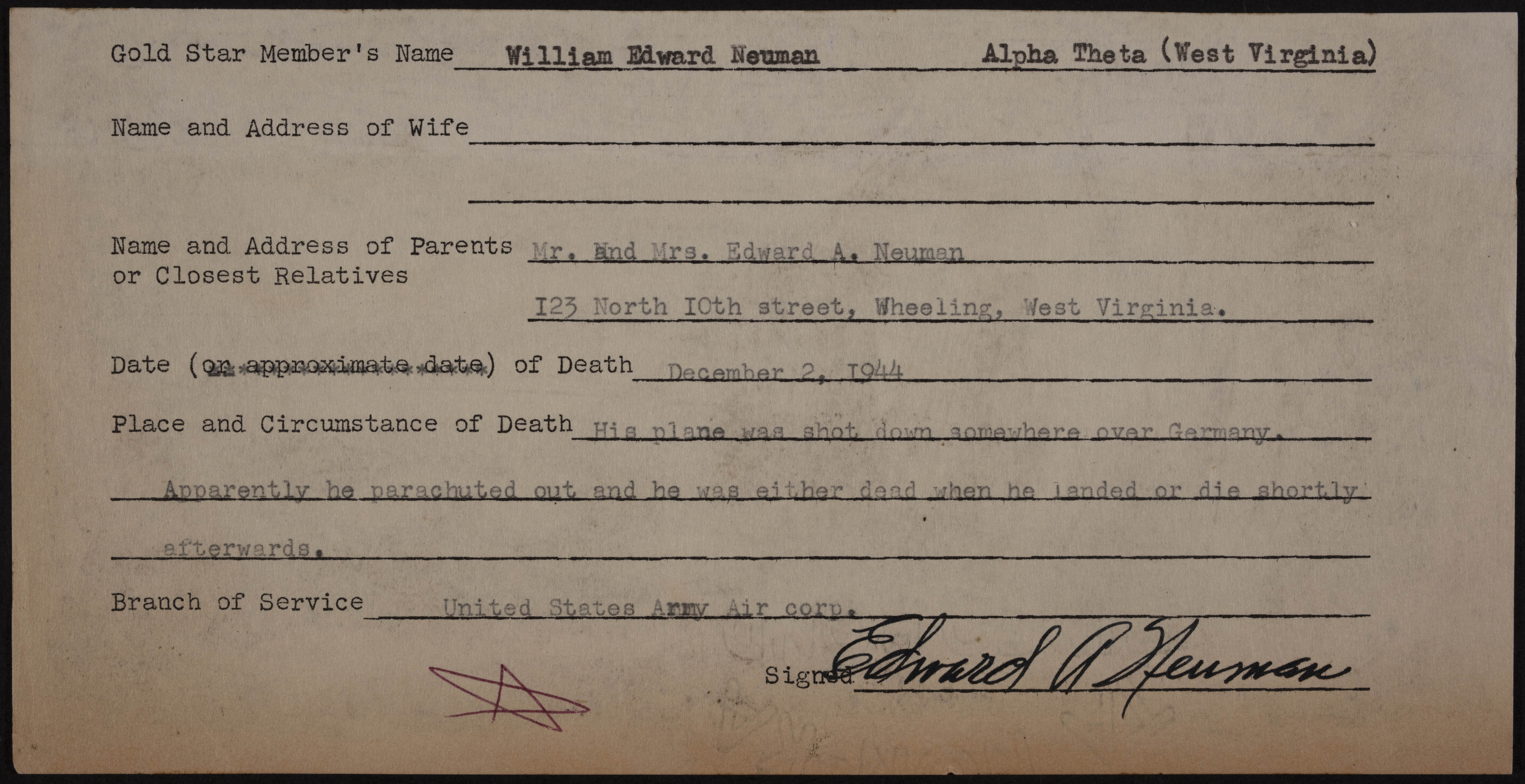 William Edward Neuman War Record Form