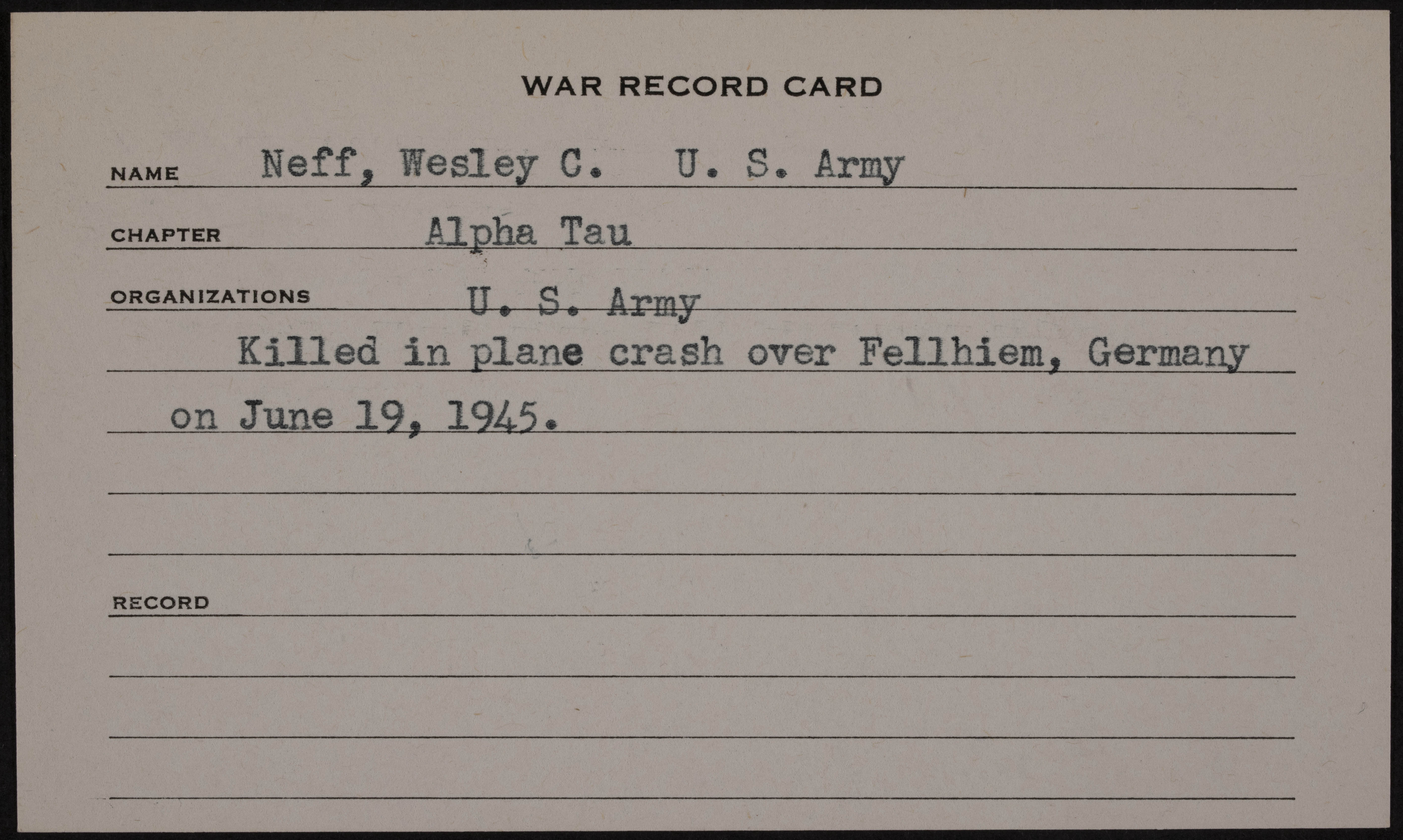 Wesley Chamberlain Neff War Record Card