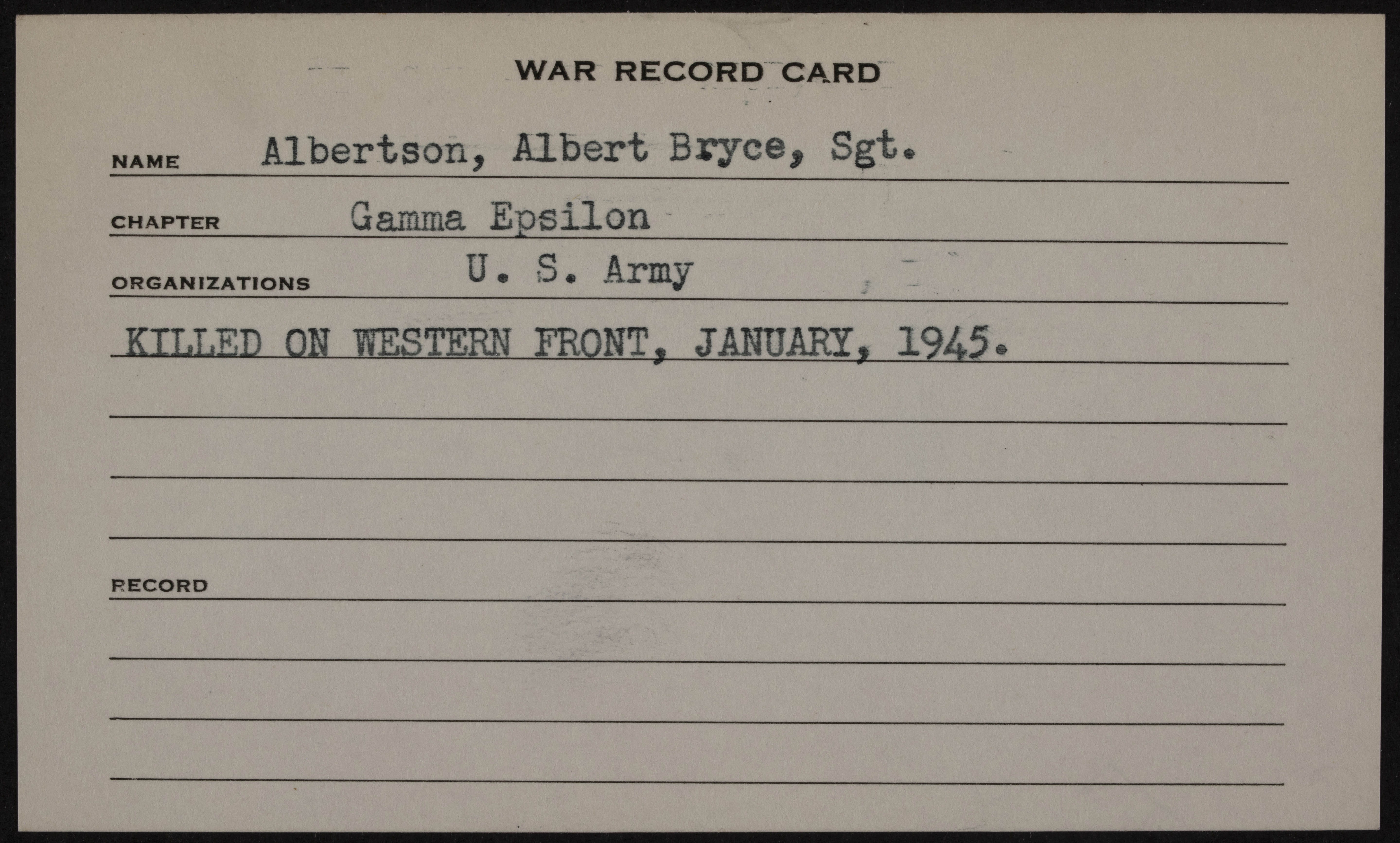 Albert Bryce Albertson War Record Card