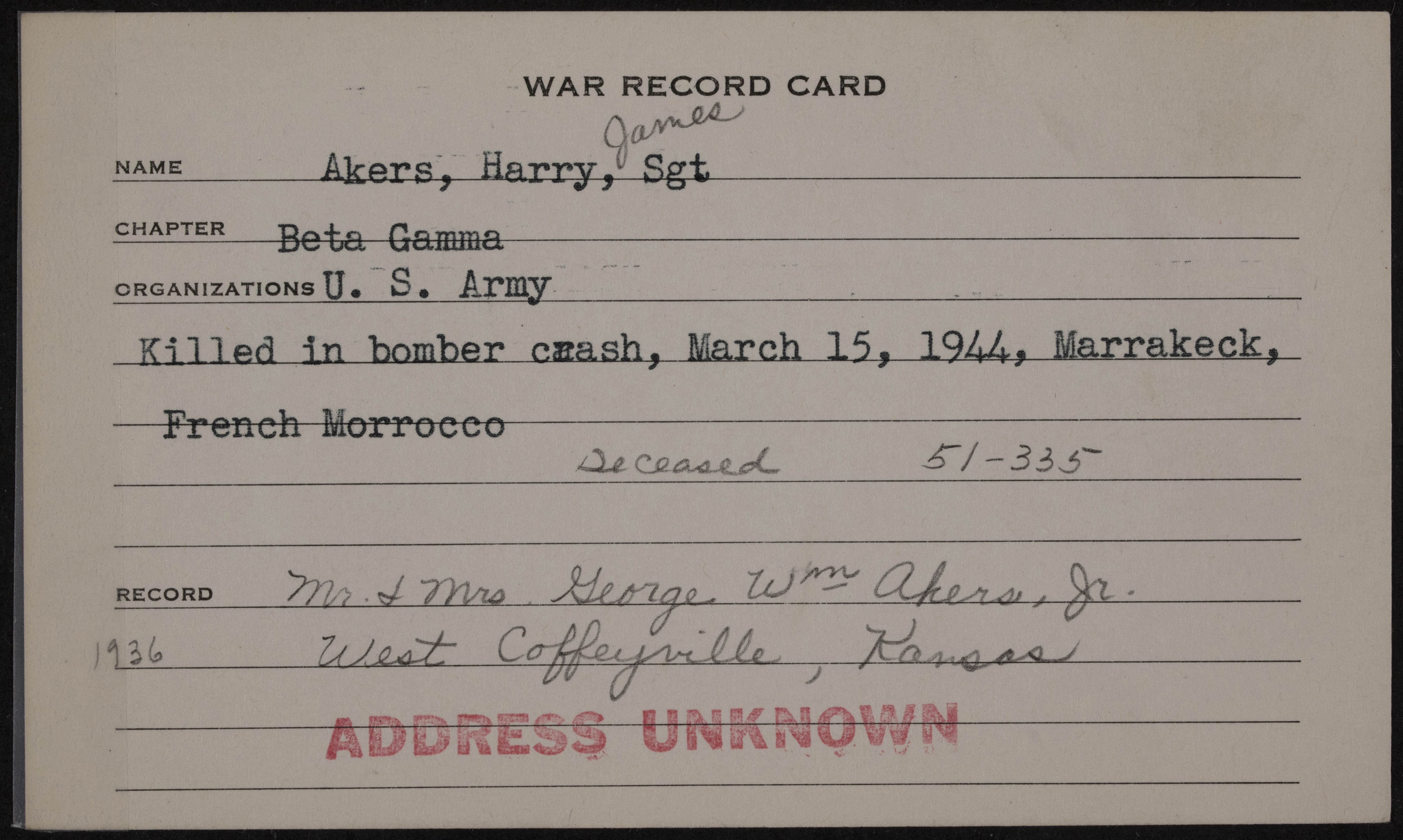 Harry James Akers War Record Card
