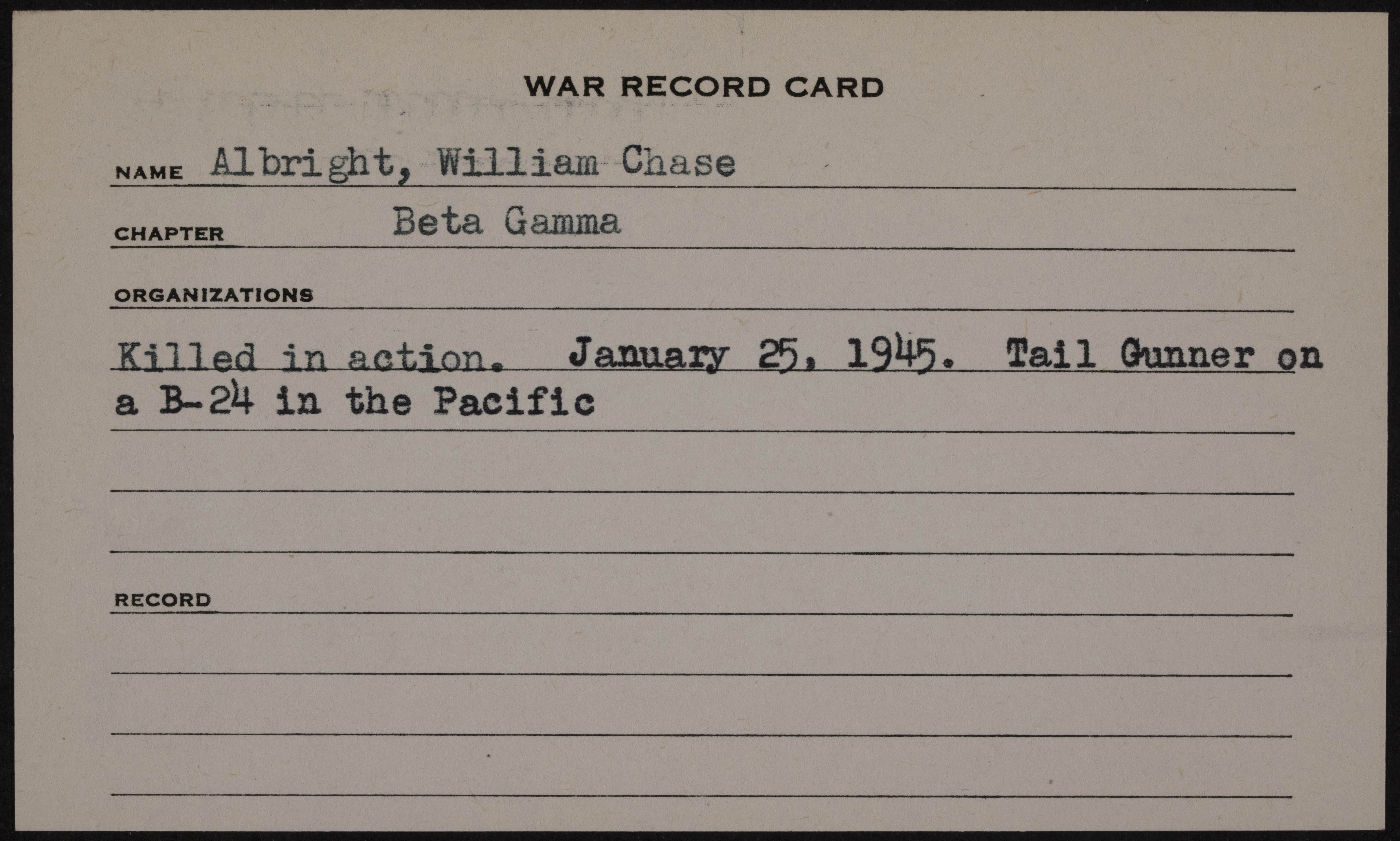 William Chase Albright War Record Card
